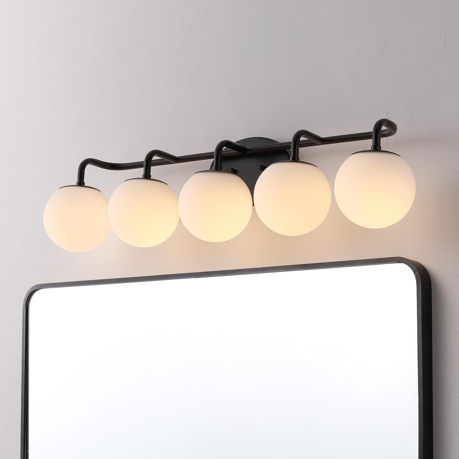JONATHAN Y 33" Black Modern Globe Wall Sconce Vanity Light for Bathroom, White Frosted Glass Shade, Midcentury Parisian Bistro Wall Lamp, LED Bulb Included (JYL3559B)