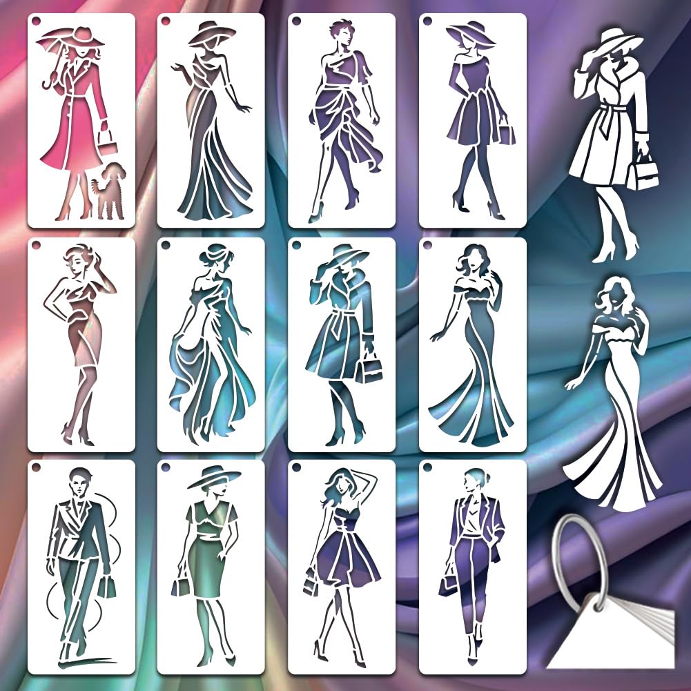 GOMAKERER 12 Sheets Fashion Model Stencils for Painting, 12 Styles Elegant Sketchbook Figure Drawing Template Lady Beauty Dress Hat Art Templates for Painting on Wall Wood Home Decor