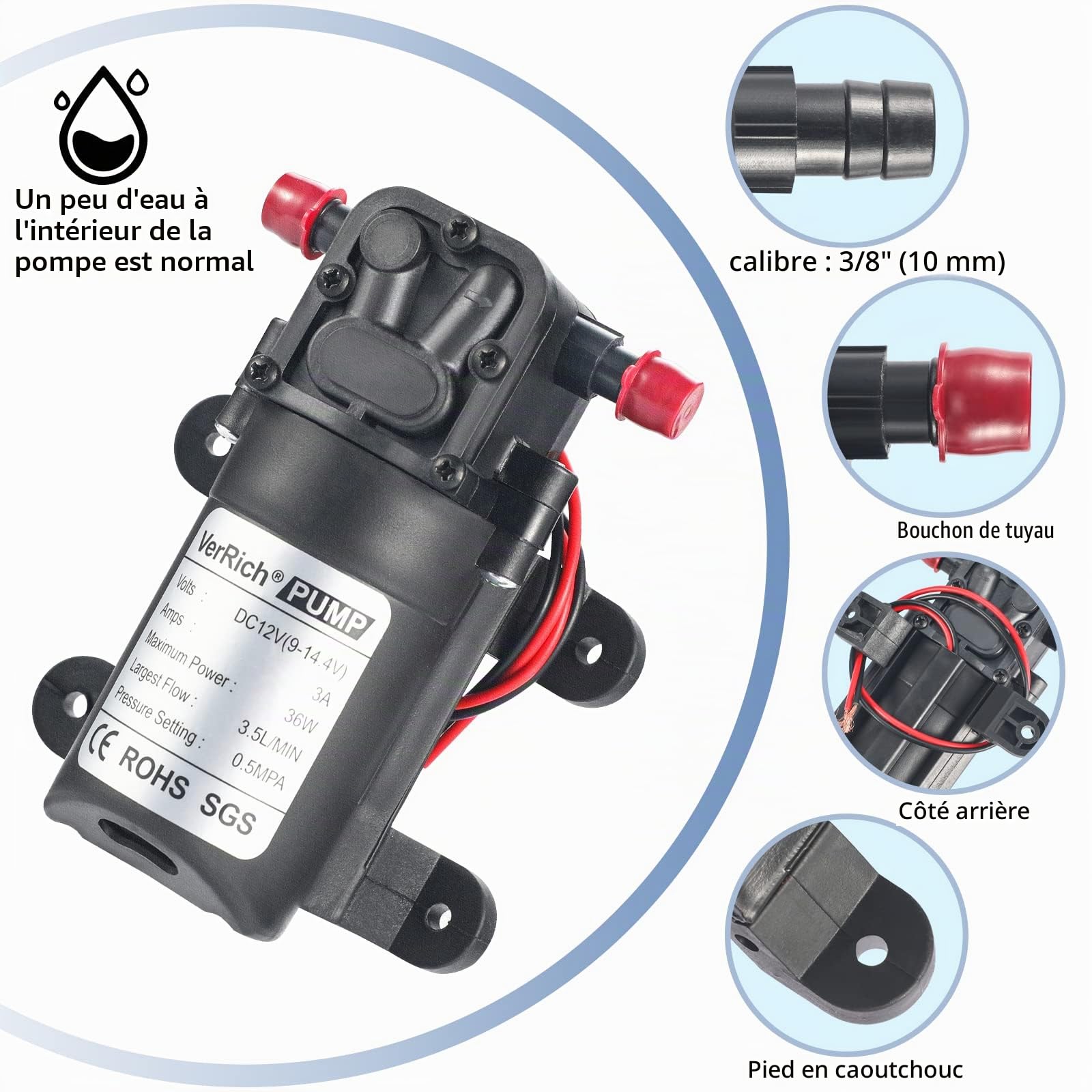 Pompe à membrane,VerRich Pompe de pulvérisateur à amorçage automatique de la pompe à eau CC 12 V 36W 3A à amorçage automatique 3,5 L/Min 0.77MPA 73 PSI