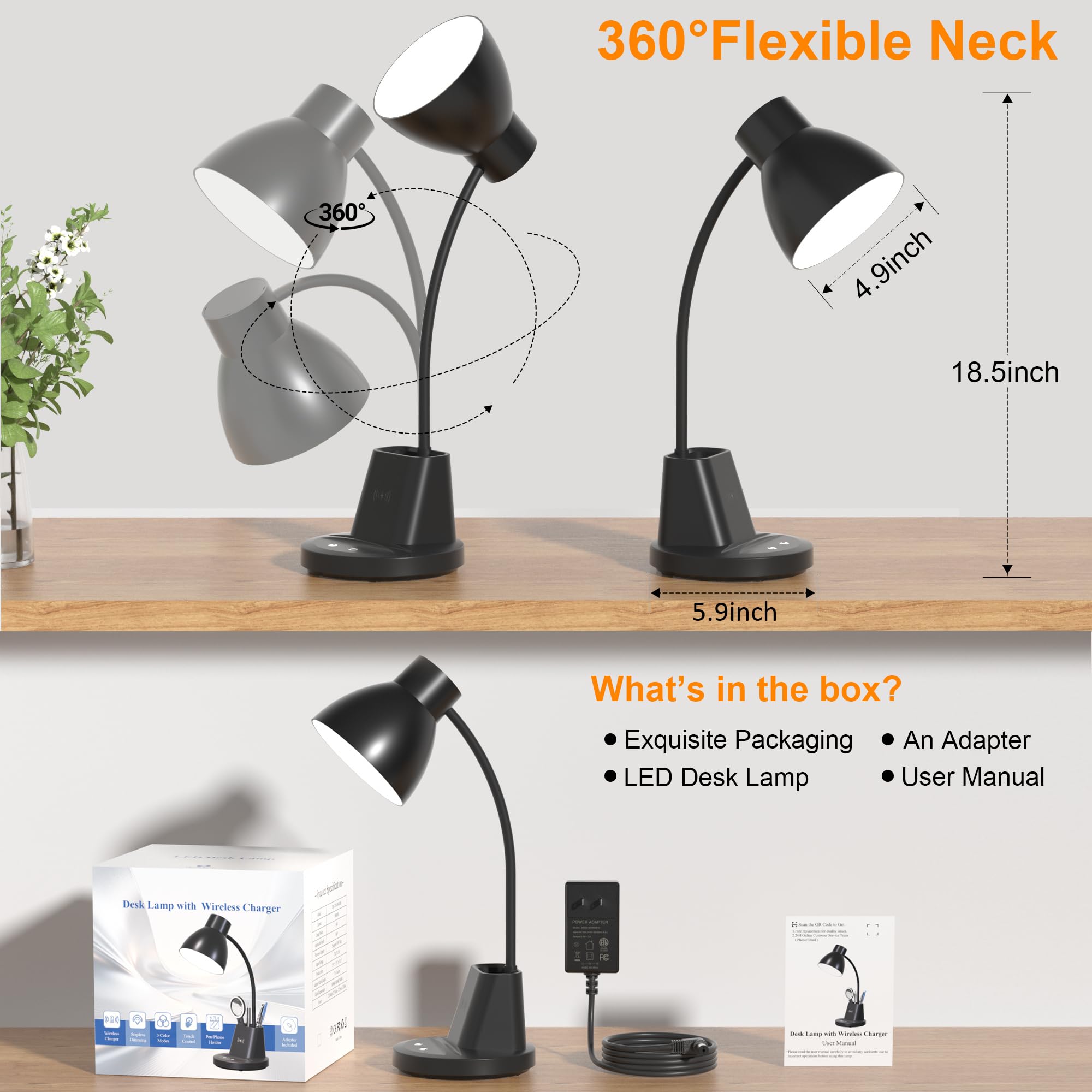 Schreibtischlampe für Heimbüro, 10 W kabelloses Laden, augenschonende LED-Schreibtischlampe, CRI 95+, 3 Farbmodi, stufenloses Dimmen, Stifthalter, 360° flexibler Arm, Schreibtischlampen für