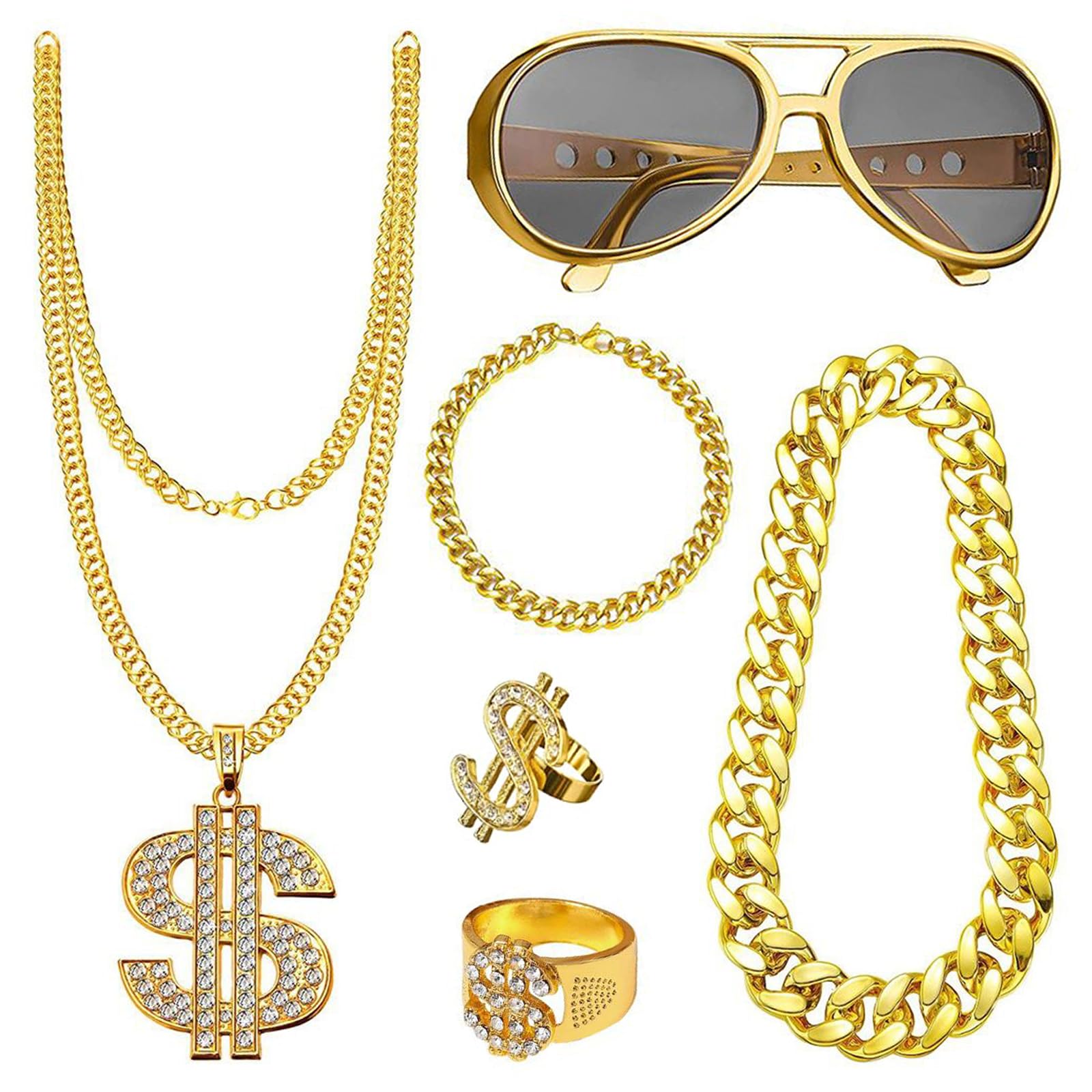 Qwrqwr Rapper Hippie Costume Accessories Gold Digger costume with King of Disco Gold Money Chain Songs Sunglasses Hippie Bracelet and Rings 80s Fancy Dress for Men Women Carnival Party (B)