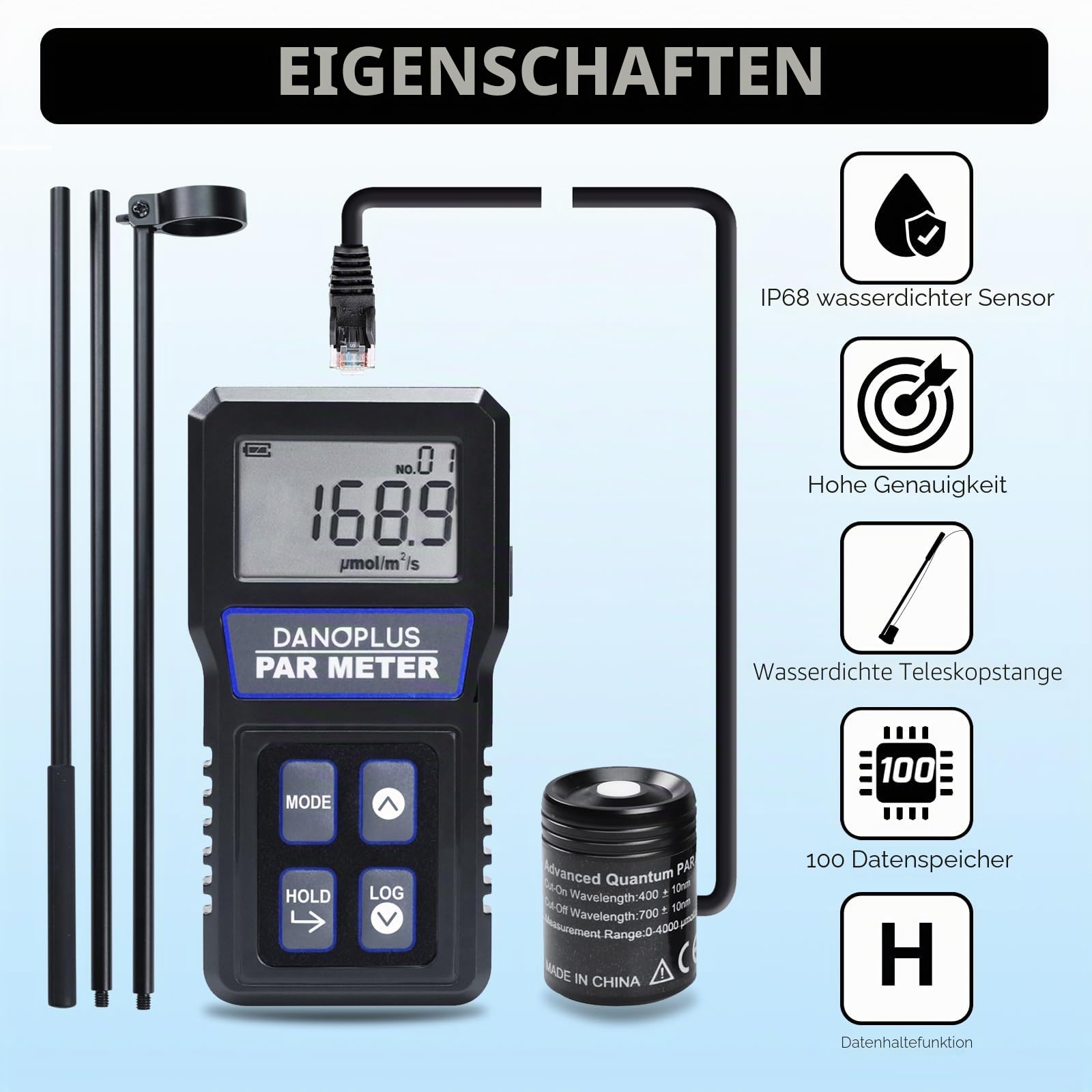 PAR-Meter, PAR-Meter für Riffaquarium, IP68 wasserdichtes Aquarien-PAR-Meter, 400-700 nm Spektralbereich, PPFD-Meter mit Datenlogger, 94 cm (37 Zoll) Teleskopstange, 2 m (79 Zoll) Sensorkabel