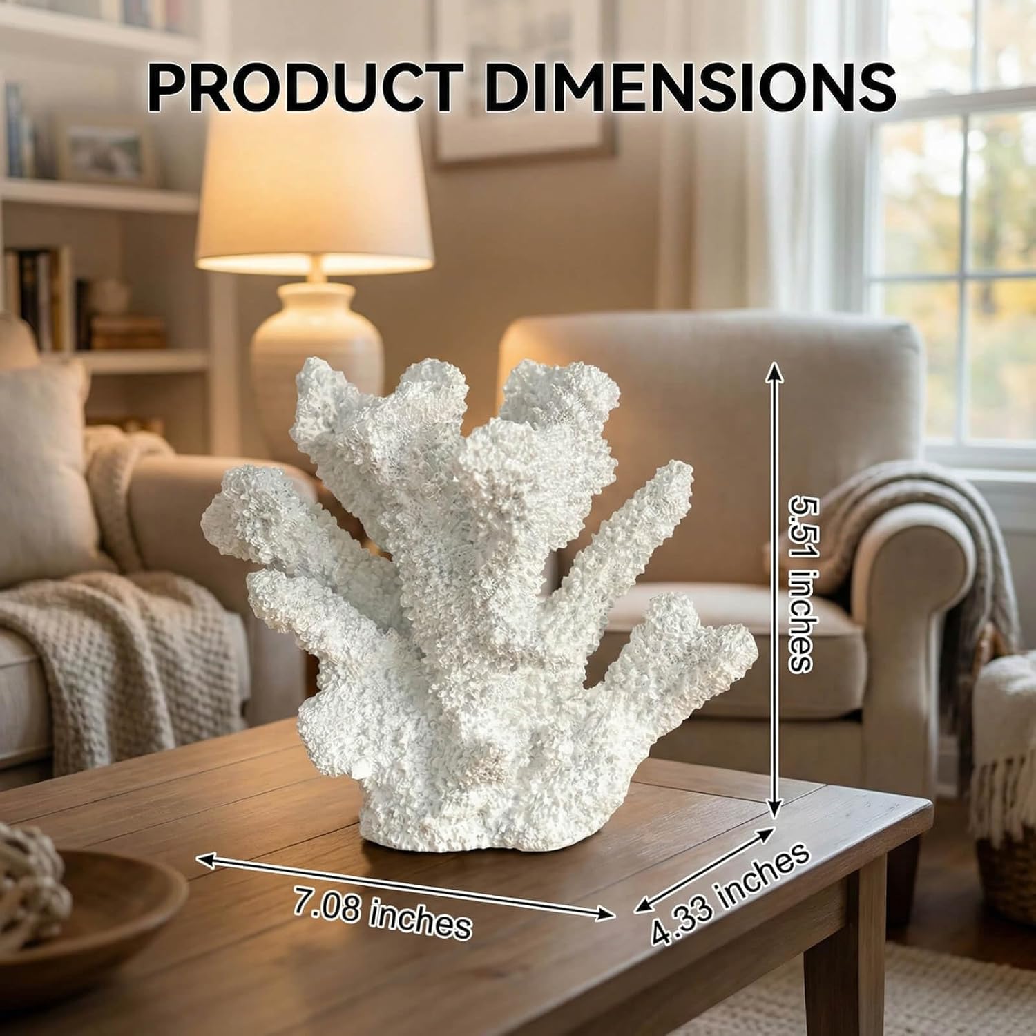 White Coral Decor Resin Sculpture, 7.1 Inch Nautical Home Accent for Shelf Tabletop or Cabinet, Stylish Beach Decor, Coastal Decor & Ocean Decor for Bedroom Living Room