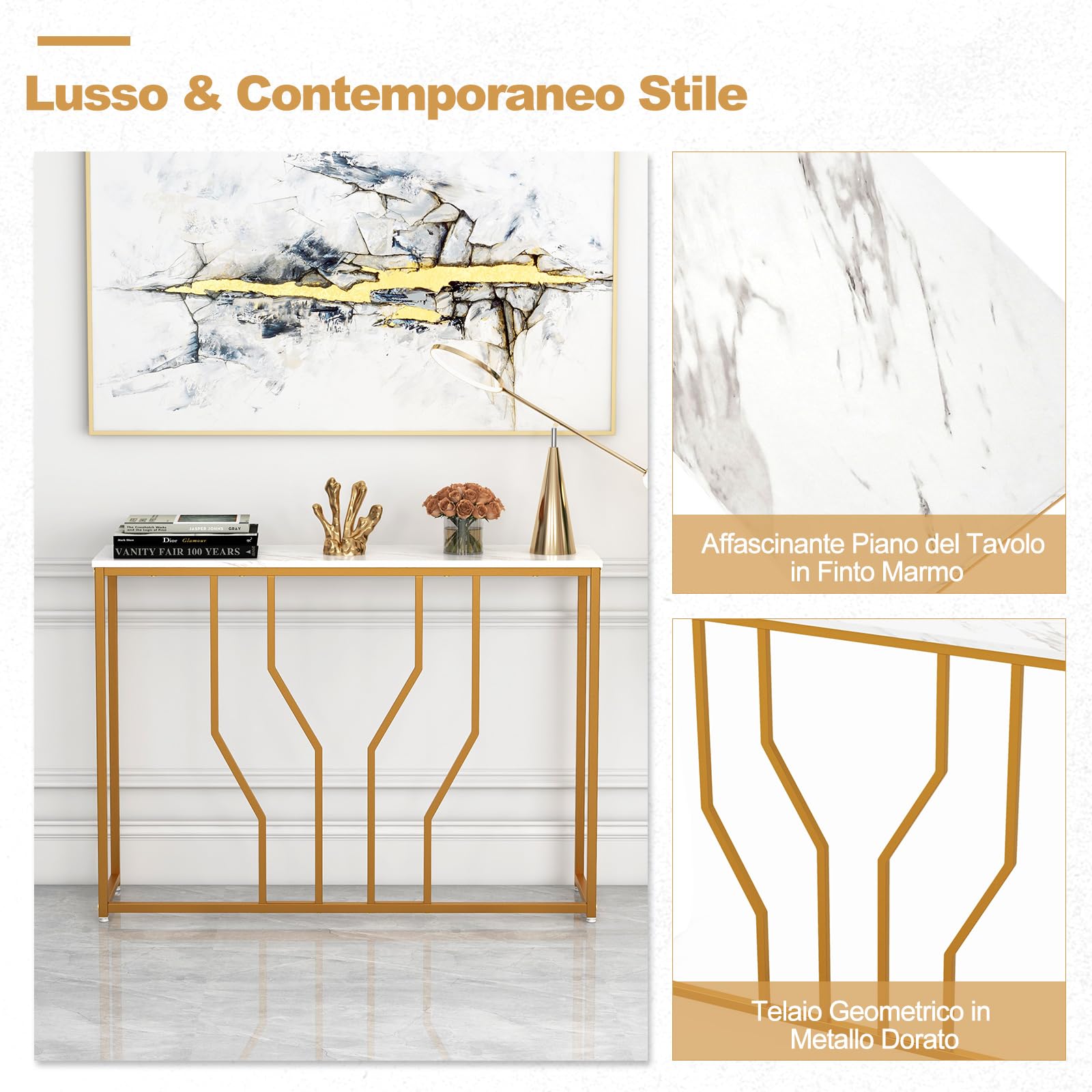 COSTWAY Tavolo Consolle 110cm, Tavolo da Ingresso con Piano Effetto Marmo, Struttura in Metallo, per Soggiorno, Corridoio, Ingresso