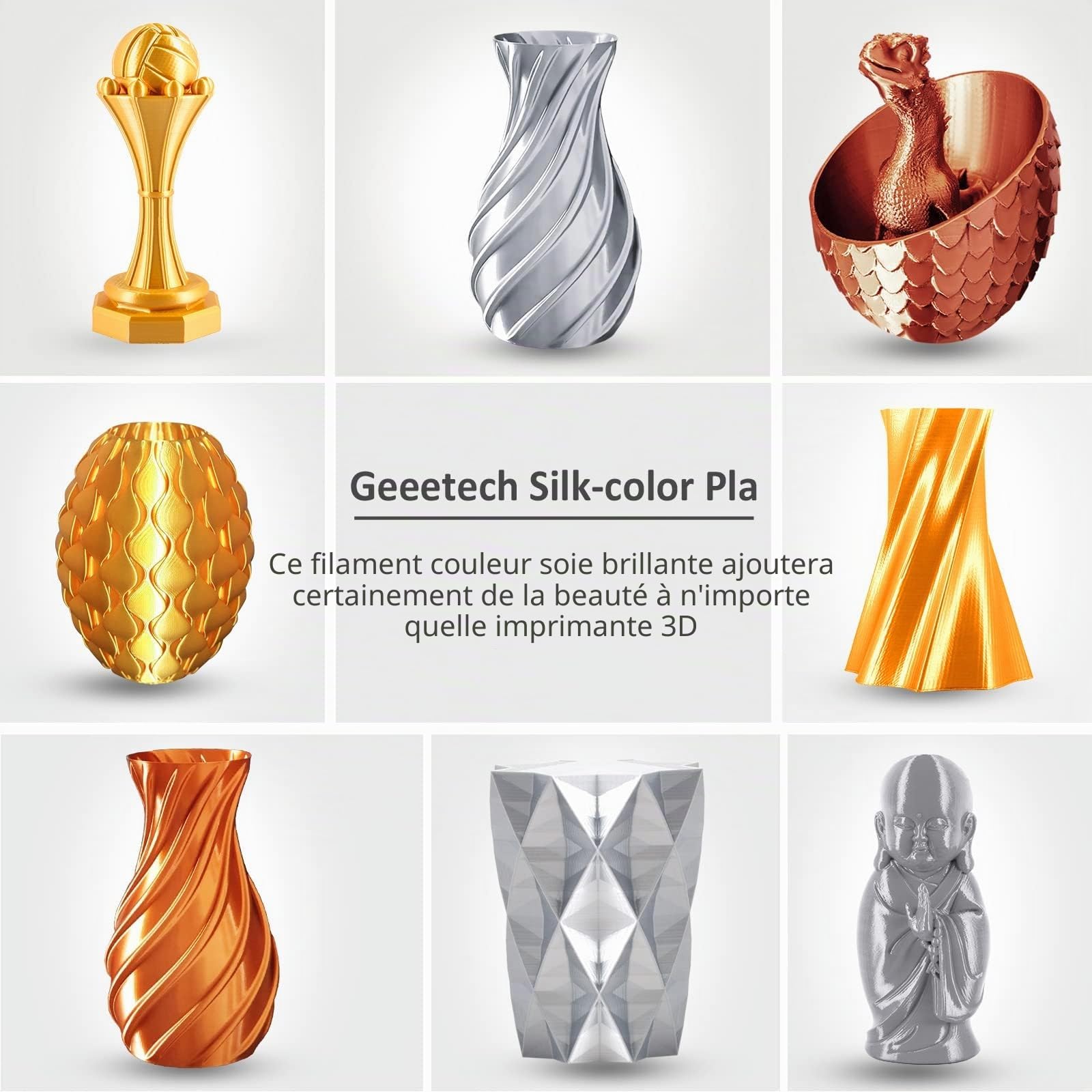 GEEETECH PLA filament 1.75mm Silk Gold, Imprimante 3D Filament PLA 1kg Spool