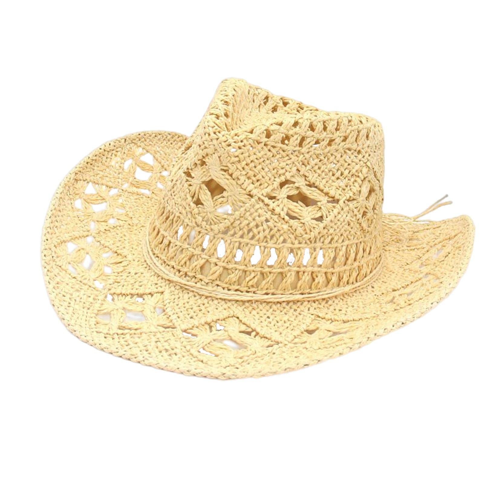 Straw Western Cowboy Hat Wide Brim Sun Hat Floppy Beach Hat for Outdoor Beige |Clothing, Shoes & Accessories | Womens Accessories | Hats-image-22