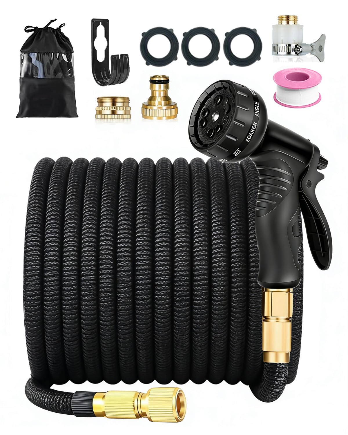 Flexible Garden Hose 150FT/45M, Expandable Water Pipe with 10-Function Spray Nozzle, Durable 4-Layer Latex Core, Leakproof 1/2" & 3/4" Connectors for Garden Watering & Car Cleaning, Black