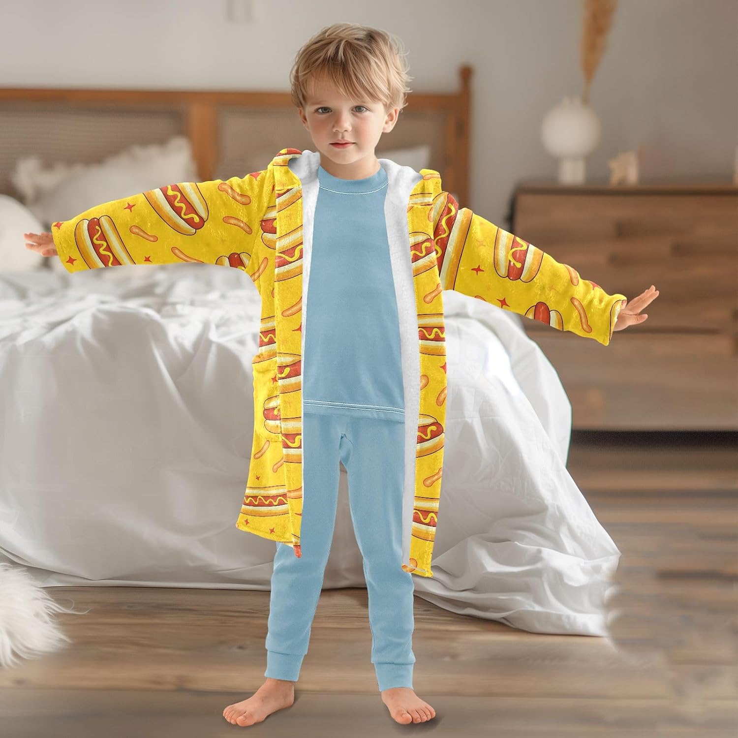 Hotdog Yellow Pattern Toddler Hooded Bathrobe for Boys Girls Soft Plush Bath Towel Robe 2-12 Years