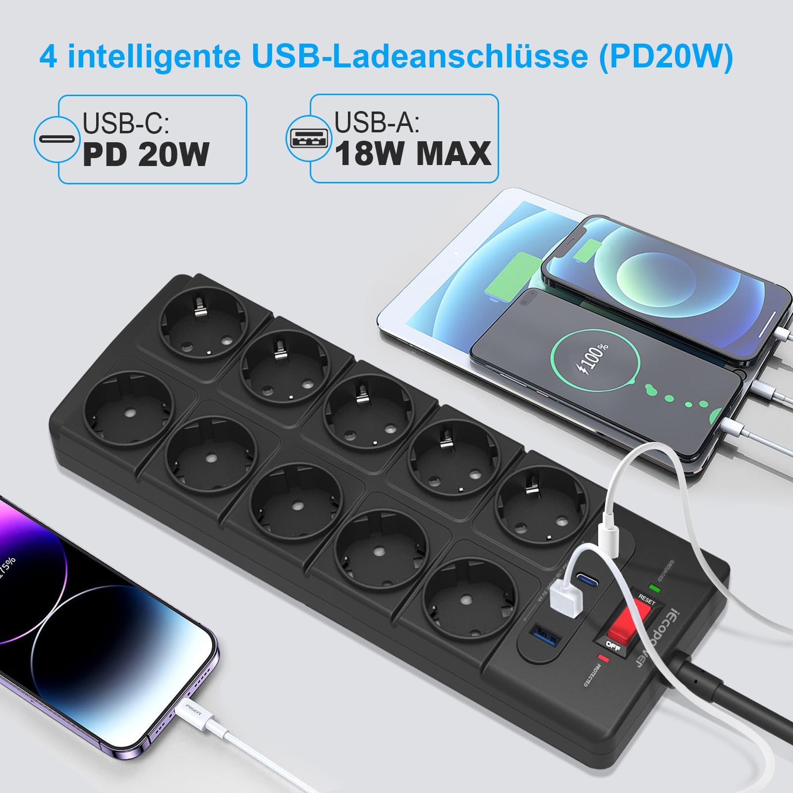 IECOPOWER mehrfachsteckdose 5m,10-Fach Steckdosenleistemit USB(PD 20W 2 USB-C Ports und 2 USB-A Ports),Steckdosenleiste überspannungsschutz,passend für iPhone/iPad,und weitereUSB Geräte,Schwarz.