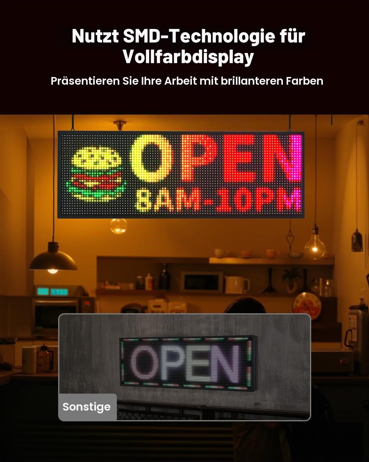 VEVOR programmierbare LED Zeichen P10 Vollfarbe flexibles digitales Scrolling Panel, DIY Anzeigetafel mit benutzerdefiniertem Textmuster und GIF & Bluetooth App Steuerung LED Laufschrift (99 x 35 cm)