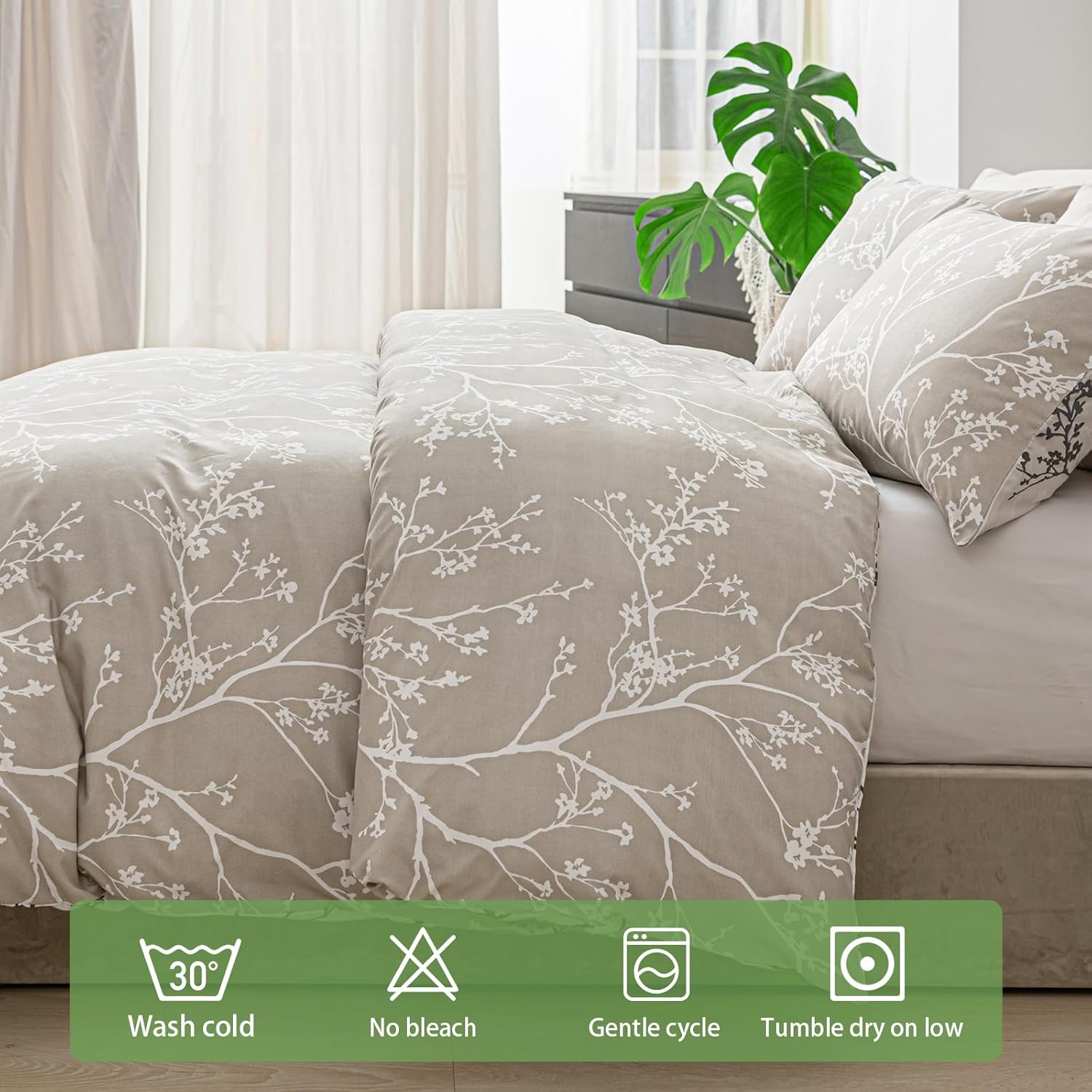 Lekesky King Size Duvet Cover Set, Reversible Duvet Cover King with Branch Pattern, Lightweight Soft Microfiber Comforter Cover, 3 Pieces Khaki Bedding Set with Zipper and 2 Pillowcases
