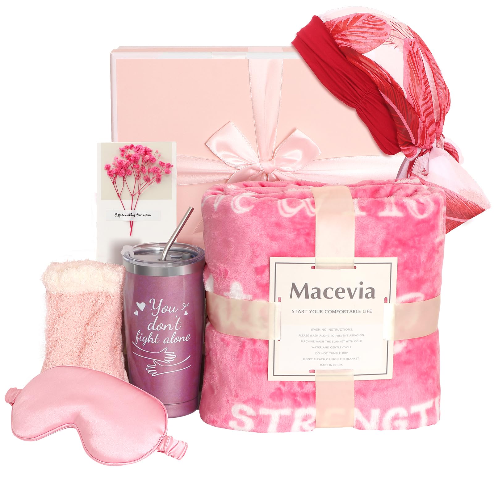 MACEVIA Paquete de cuidado del cáncer de mama, caja de regalo para mujeres, cesta de regalo inspiradora Get Well Soon con vaso, vaso, gorro, máscara de ojos, calcetines para pacientes después de la