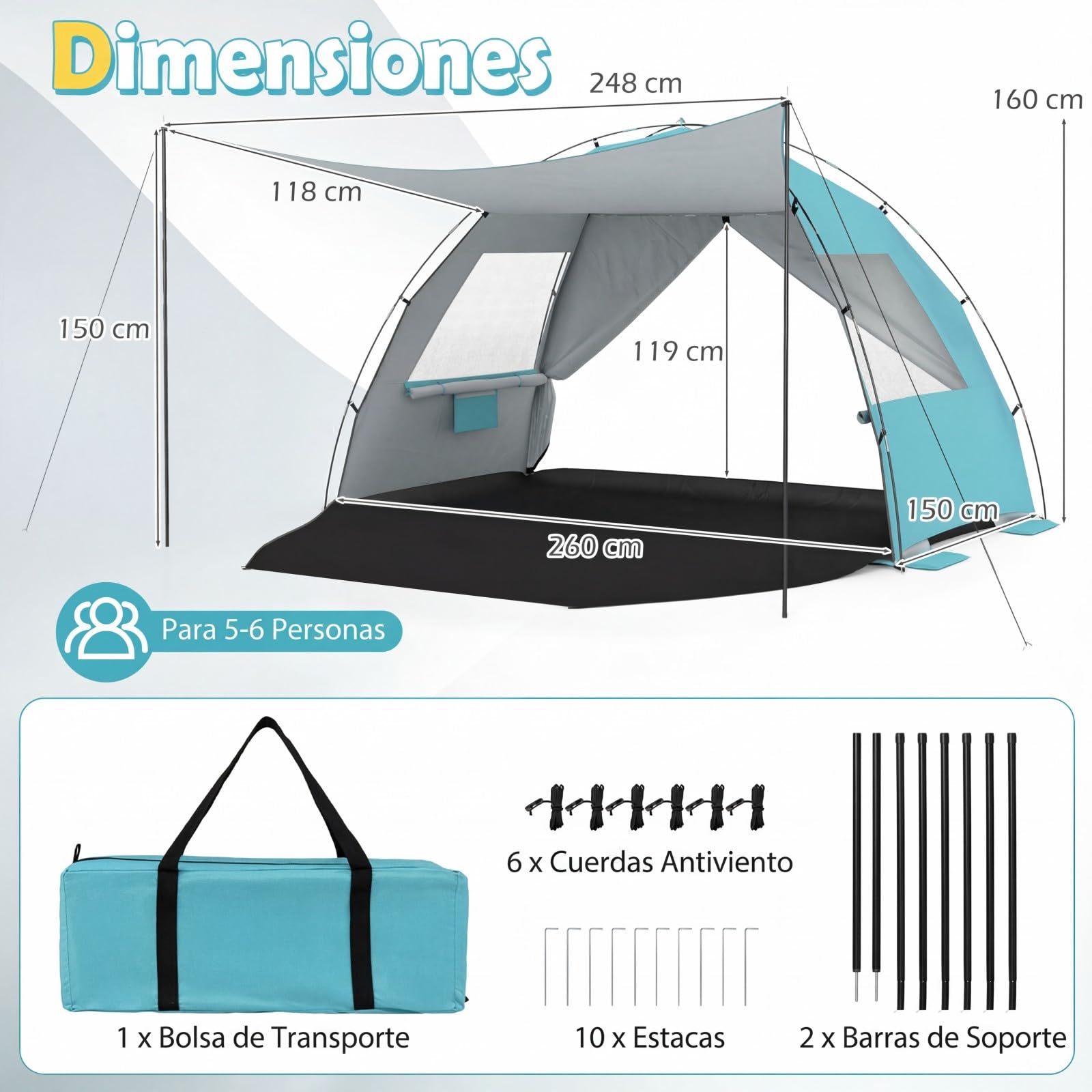 COSTWAY Tienda de Playa Plegable, 3-4/5-6 Personas, Carpa Camping con Toldo,Protección Solar UPF50+, Revestimiento Plateado, Bolsa de Transporte, Ventanas, Tienda de Campaña (260 x 150 x 160 cm,Azul)