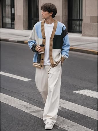 GURUNVANI Men's Colorblock Cardigan Sweater Thick Knit Button Front Vintage