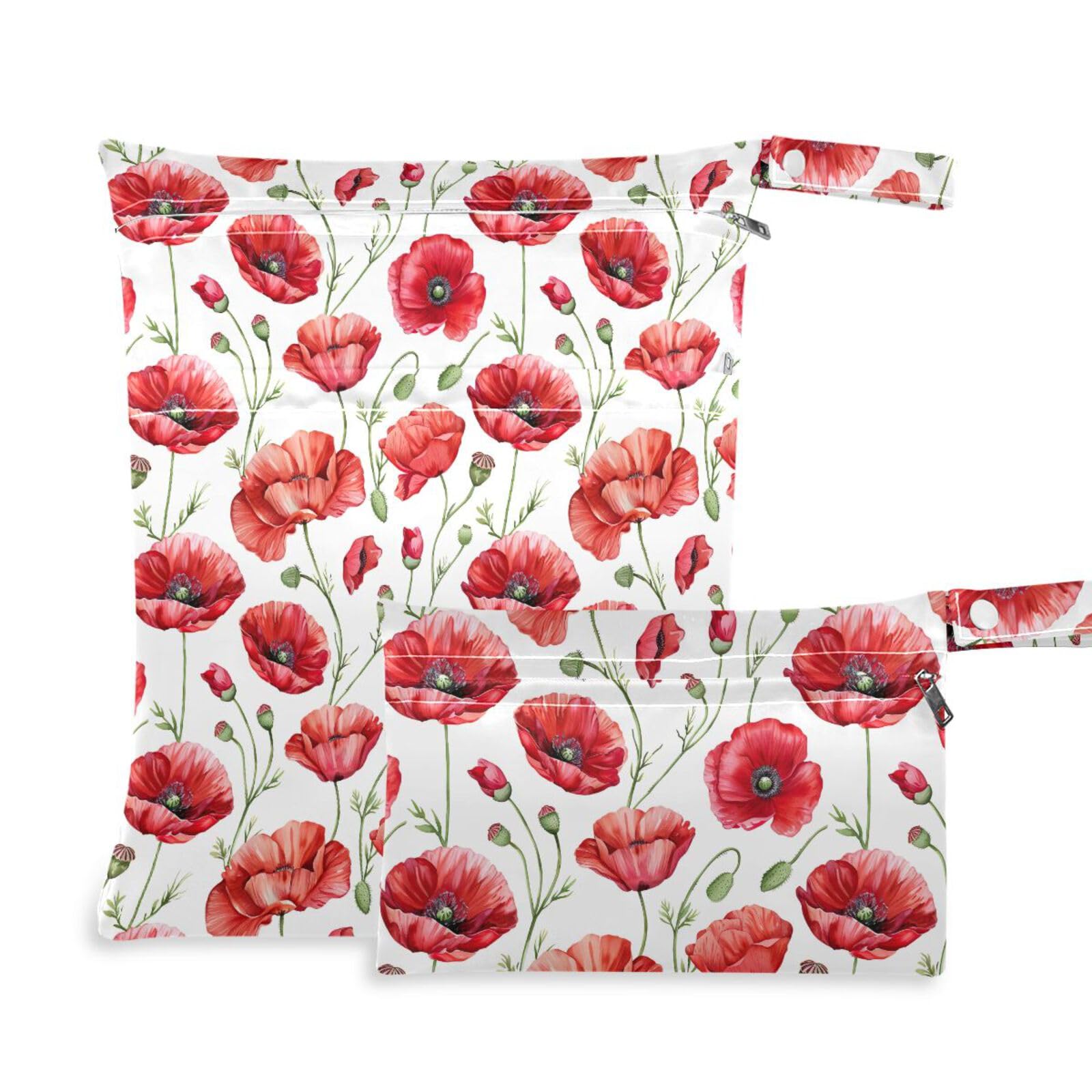 Coikll Wet Dry Bags for Cloth Diaper 2 Pack Waterproof Yoga Gym Bag for Swimsuit Wet Clothes Baby Items-?Red Flowers?