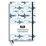 RICCO BELLO Wide Ruled Hardcover Diary Journal School Notebook for Kids, Tweens - Bookmark, Band Closure, Storage Pocket, 5.7 x 8.4 Inches, 192 Pages (Blue Shark)