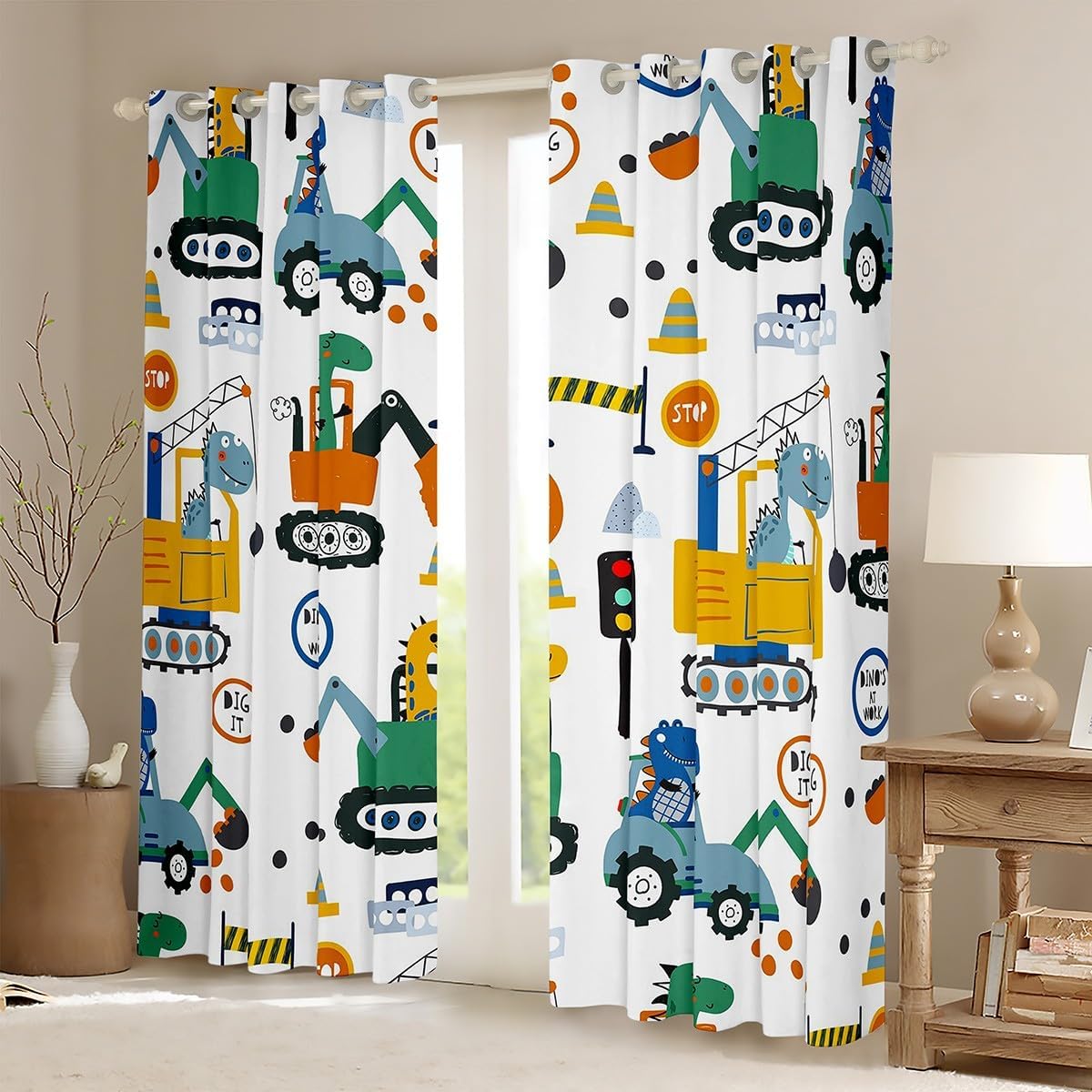 Erosebridal Dinosaur Excavator Blackout Curtains for Bedroom 2 Panels 42" Wx63 L,Cartoon Dino Construction Truck Curtains Car Vehicle Tractor Curtains & Drapes,Cute Animal Curtains Kawaii Room Decor
