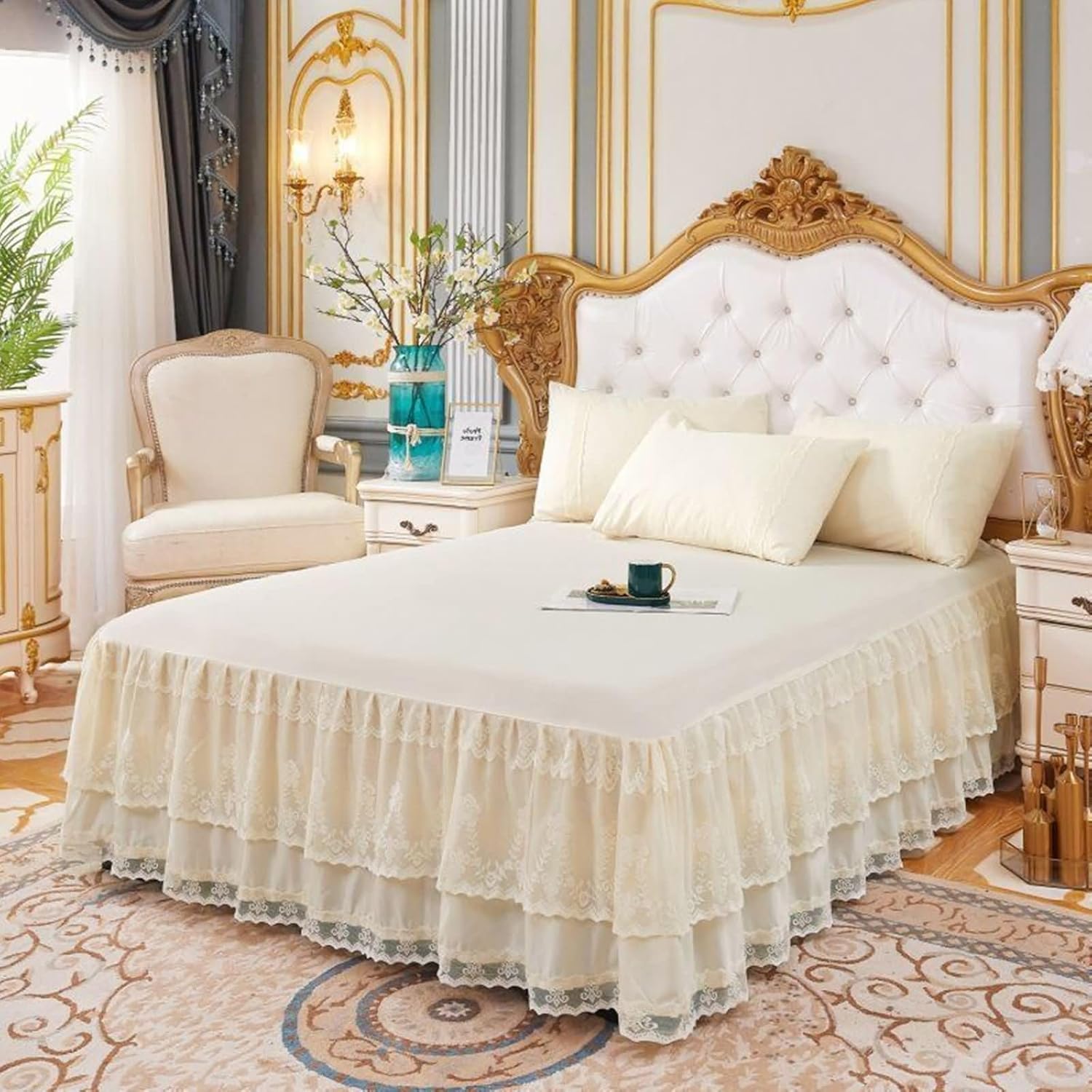 Beydodo Bed Sheet 200x220cm, Bed Skirt Ruffle Microfiber Solid Khaki with Lace, Fitted Bed Sheets for Dorm