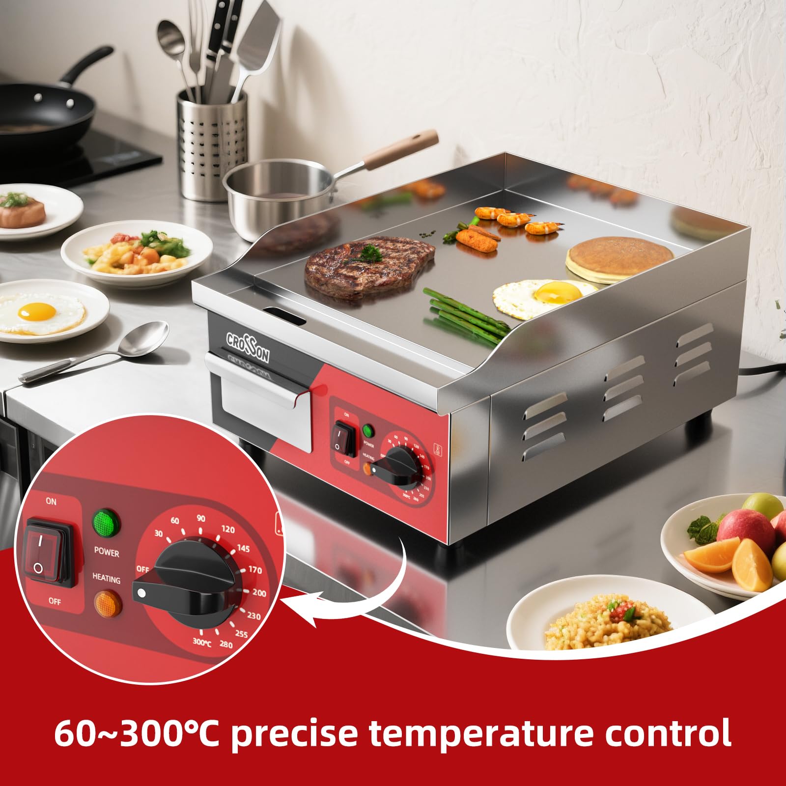 CROSSON 36 * 40CM Placa plana eléctrica comercial, planchas de luz de encimera con plancha de hierro antiadherente de 8 mm de espesor-230V / 2000W, espátula incluida