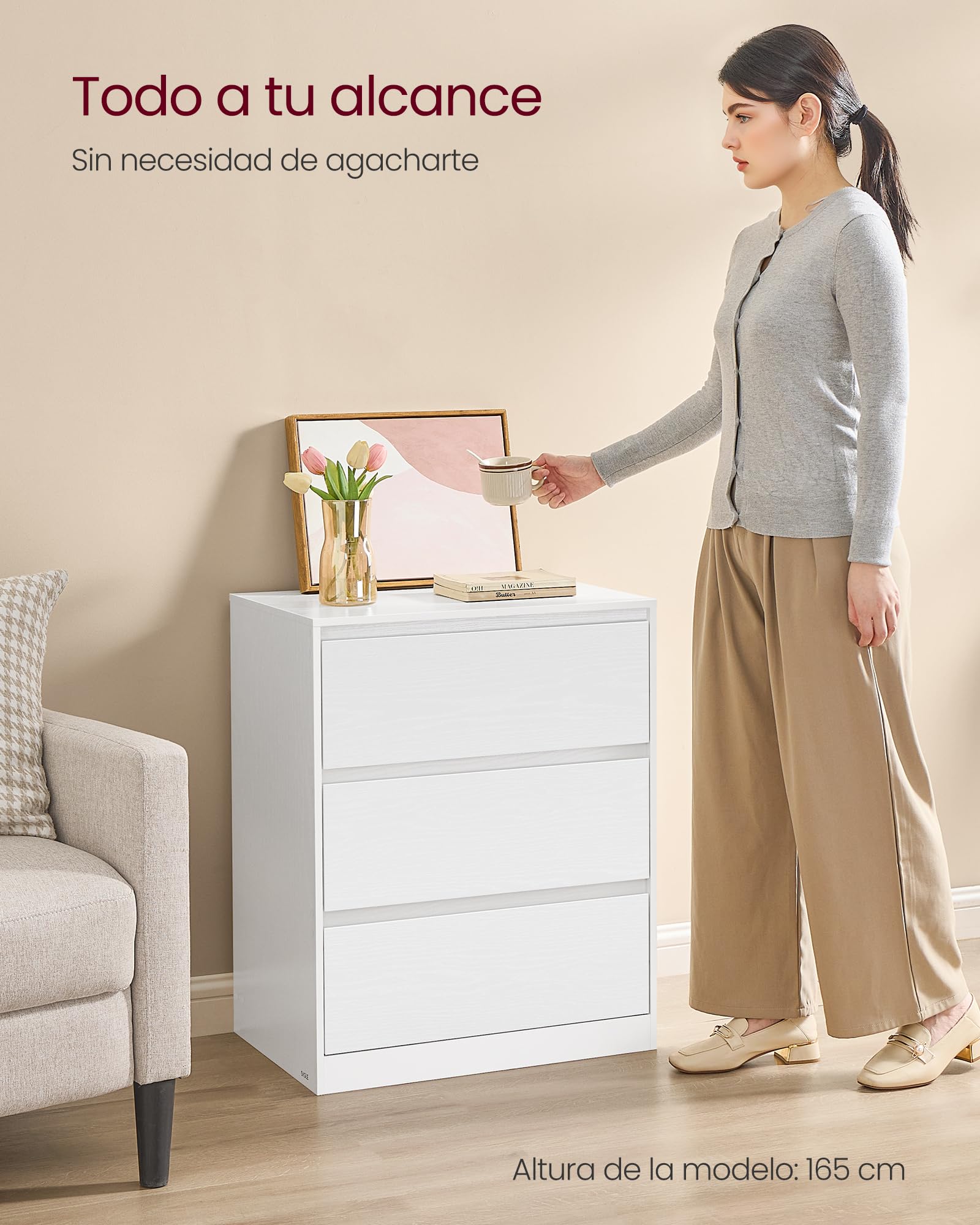 VASAGLE Colección Kailyn - Cómoda de 3 Cajones para Dormitorio, Armario de Almacenamiento, Mueble para Ropa, 40 x 60 x 75 cm, Estilo Moderno, Blanco Nieve LTS613WE01