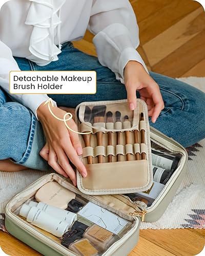 Miniatura 3 de OutSpry Bolsa de maquillaje de viaje con divisor de brochas de maquillaje desmontable Bolsa de cosméticos de piel sintética de gran capacidad, bolsa