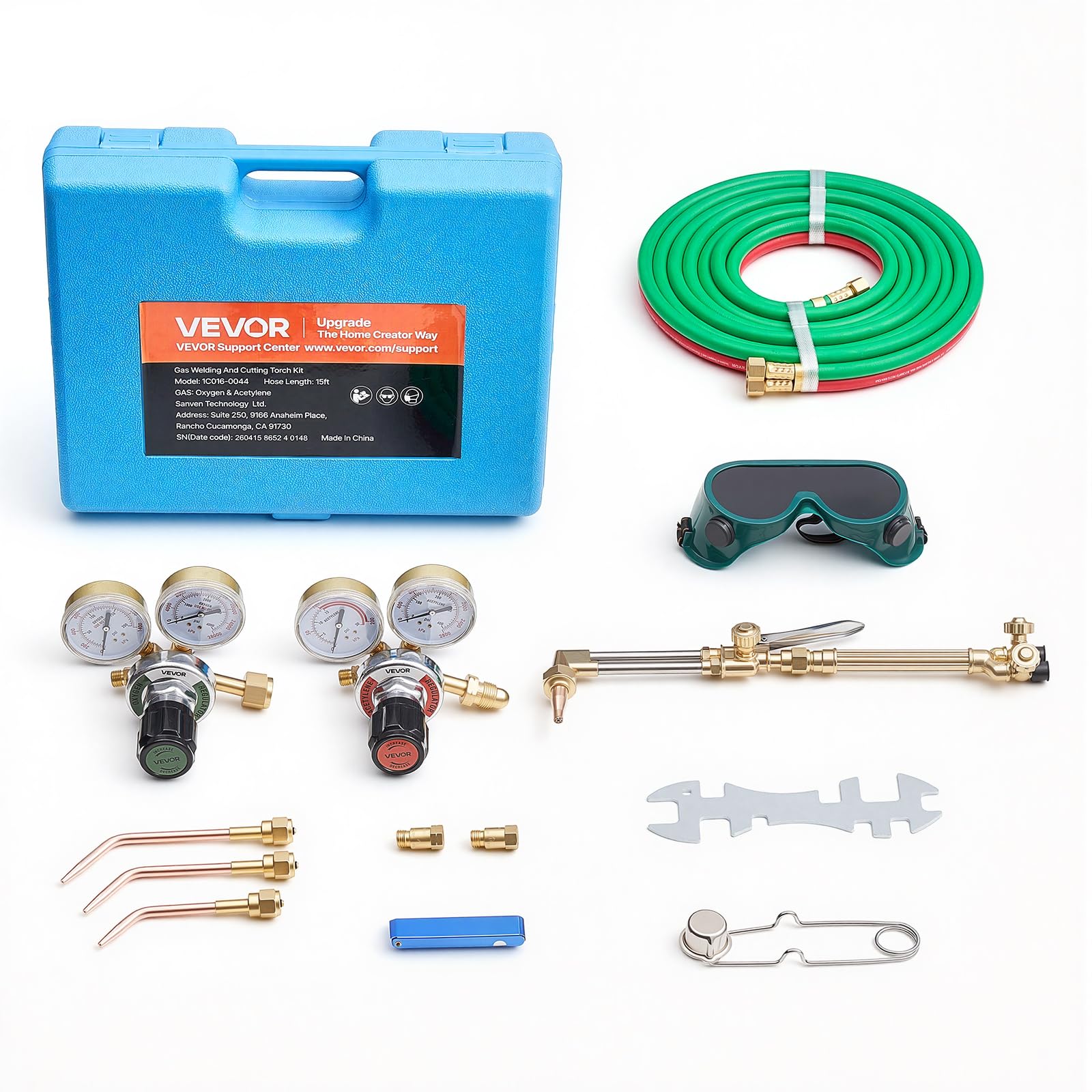 VEVOR Oxygen Acetylene Torch Kit with Check Valves, Gas Welding Cutting Torch Kit, Portable Oxy Acetylene Brazing Set with 15FT Twin-Hose, 1 Cutting Tip, 3 Welding Tips, 2 Gas Regulators &amp; Toolbox