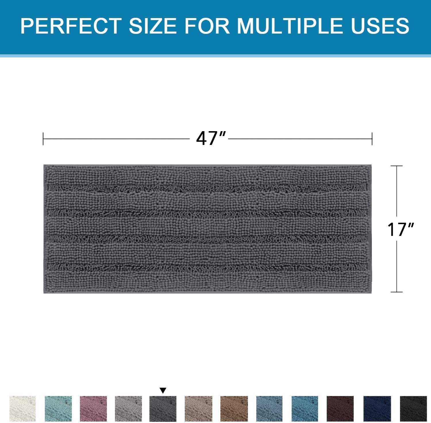 Tapis de bain antidérapant en chenille à poils longs doux pour salle de bain et chambre à coucher Gris 120 x 43 cm