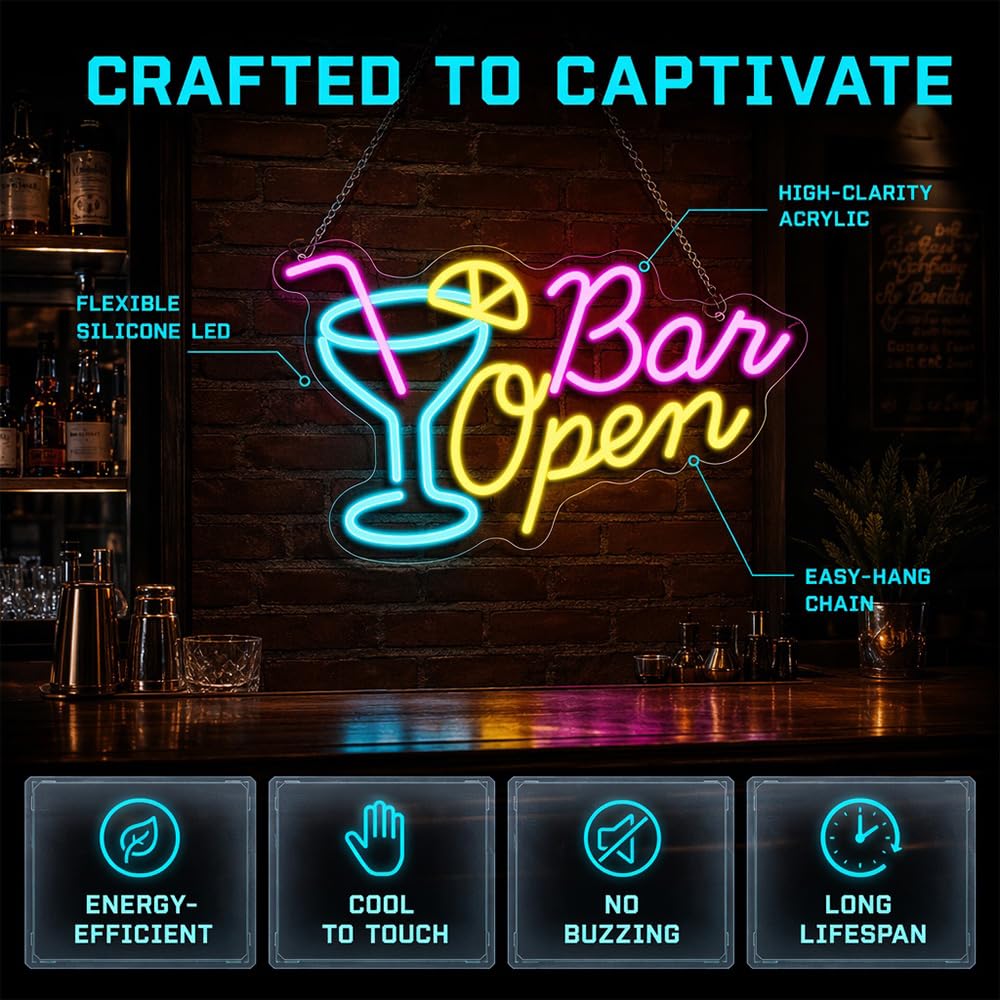 Foreverup Insegna con luce al neon aperta al bar, dimmerabile, con interruttore, 42 x 27 cm, con alimentazione USB, per pub, club, camera da letto, feste, regalo per gli amanti dei giochi di birra