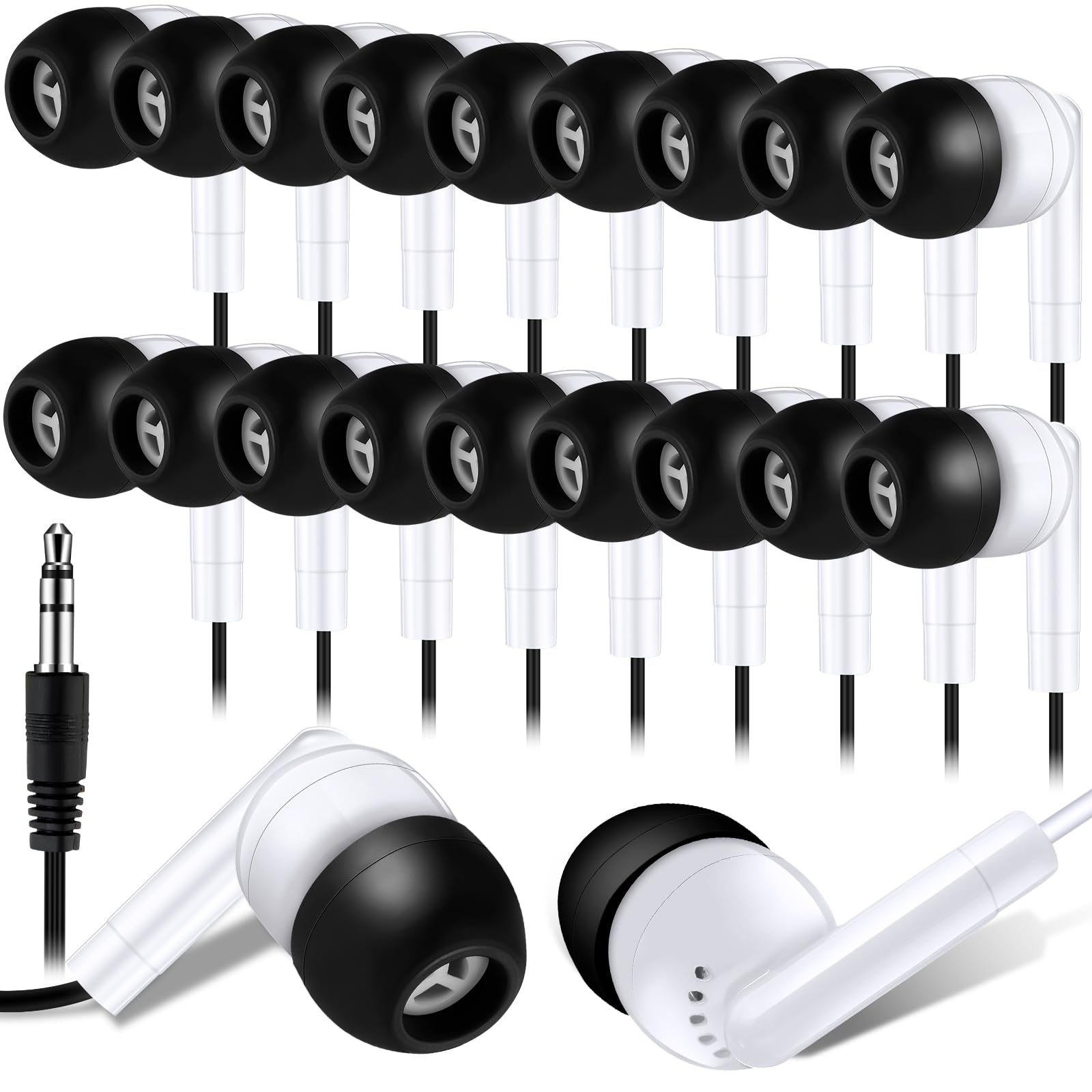 Kanayu 100 Pack Wired Earbuds Bulk for Classroom, 3.5MM No Mic,Black White | Student Headphones for School Library Laptop, Individually Bagged Earphones with Jack for Training and Group Learning