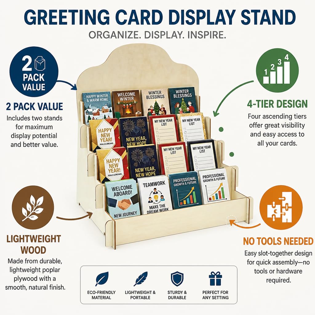 2 Pack 4-Tier Greeting Card Display Stand, Wooden Card Rack Display Stand for Postcards Stickers Photos Jewelry Small Products, Portable Wood Greeting Card Holder for Vendor Booths Craft Fairs