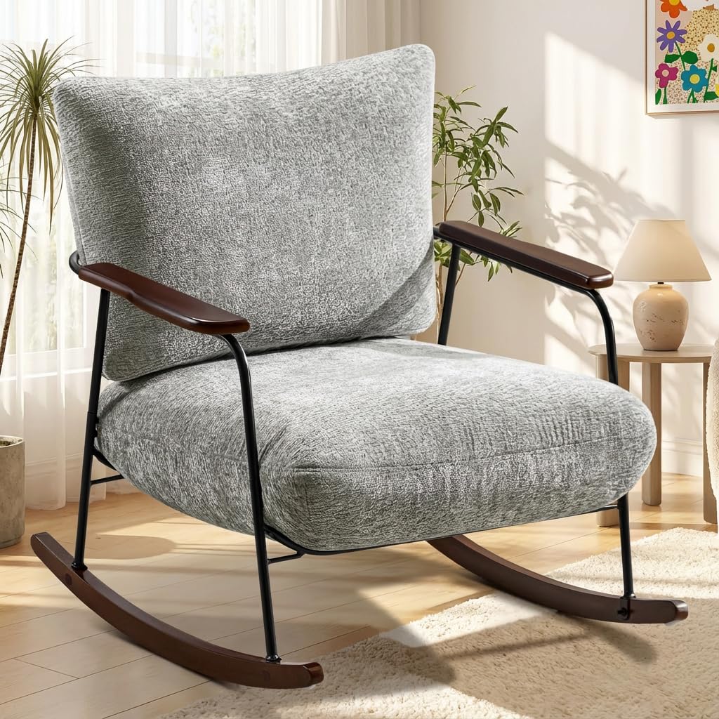 Hellove Fauteuil à Bascule Cocooning en Chenille – Rocking Chair Moderne avec Pieds Bois Massif, Fauteuil Relax pour Salon, Chambre, Coin Lecture, Gris