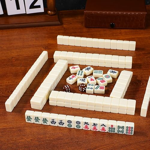 Miniatura 7 de BESTOYARD Mini juego de mahjong portátil con 146 azulejos pequeños, estuche de transporte marrón para reuniones familiares y actividades de ocio