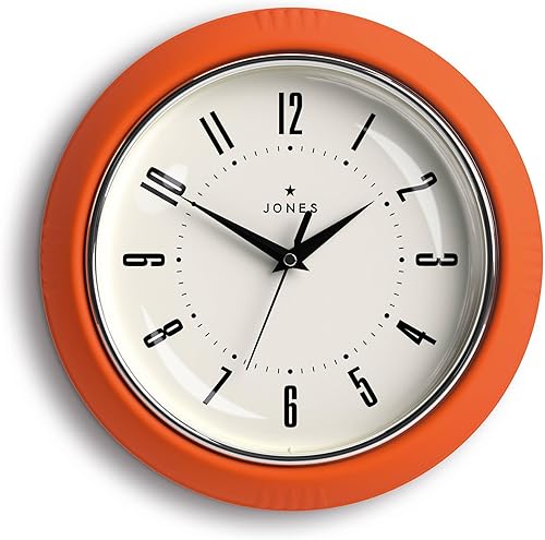 JONES CLOCKS Reloj de pared Ketchup  Reloj de comedor retro redondo  10 pulgadas  Naranja  Ideal para la cocina, sala de estar, oficina o dormitorio