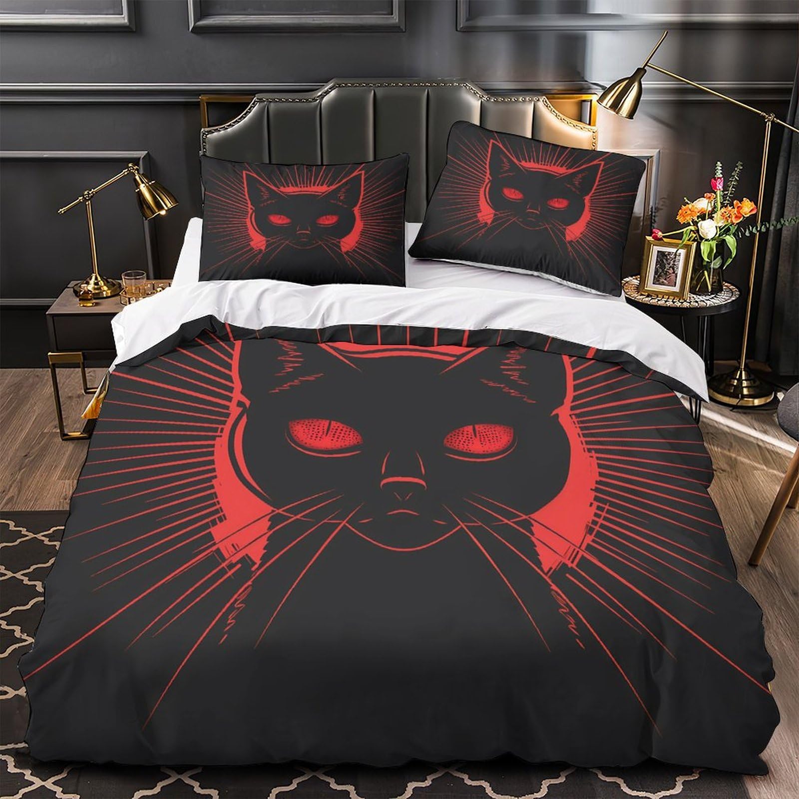 Parure de lit chat noir 135x200cm hypoallergique et respirante à fermeture