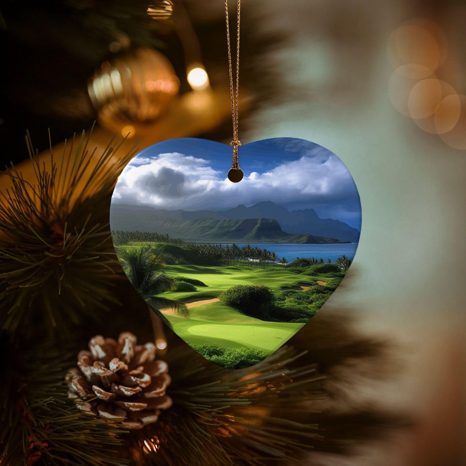 Christmas Tree Ornaments Ceramics Christmas Decorations Scenic Hawaii Golf Tropical Ornaments with Gold Ribbon Porcelain Xmas Tree Crafts Heart Shape Hanging Pendant for Christmas Tree Party Decor