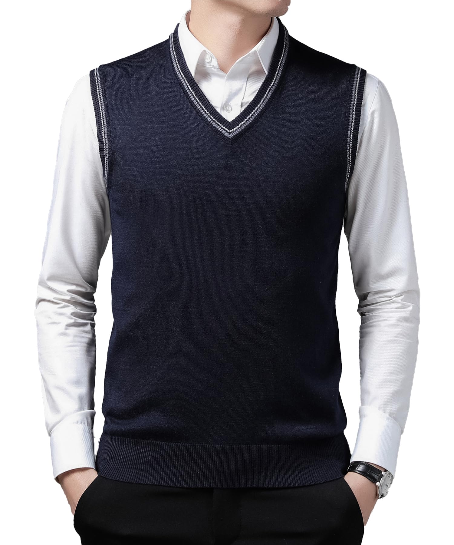 Hombres Cuello en V Chaleco sin Mangas Clásico Negocio de Punto Chalecos Sólido Liso Slim Fit Todos los Partidos Suéter Camisetas Otoño Invierno Casual Pullover Chaleco de Punto Cardigans