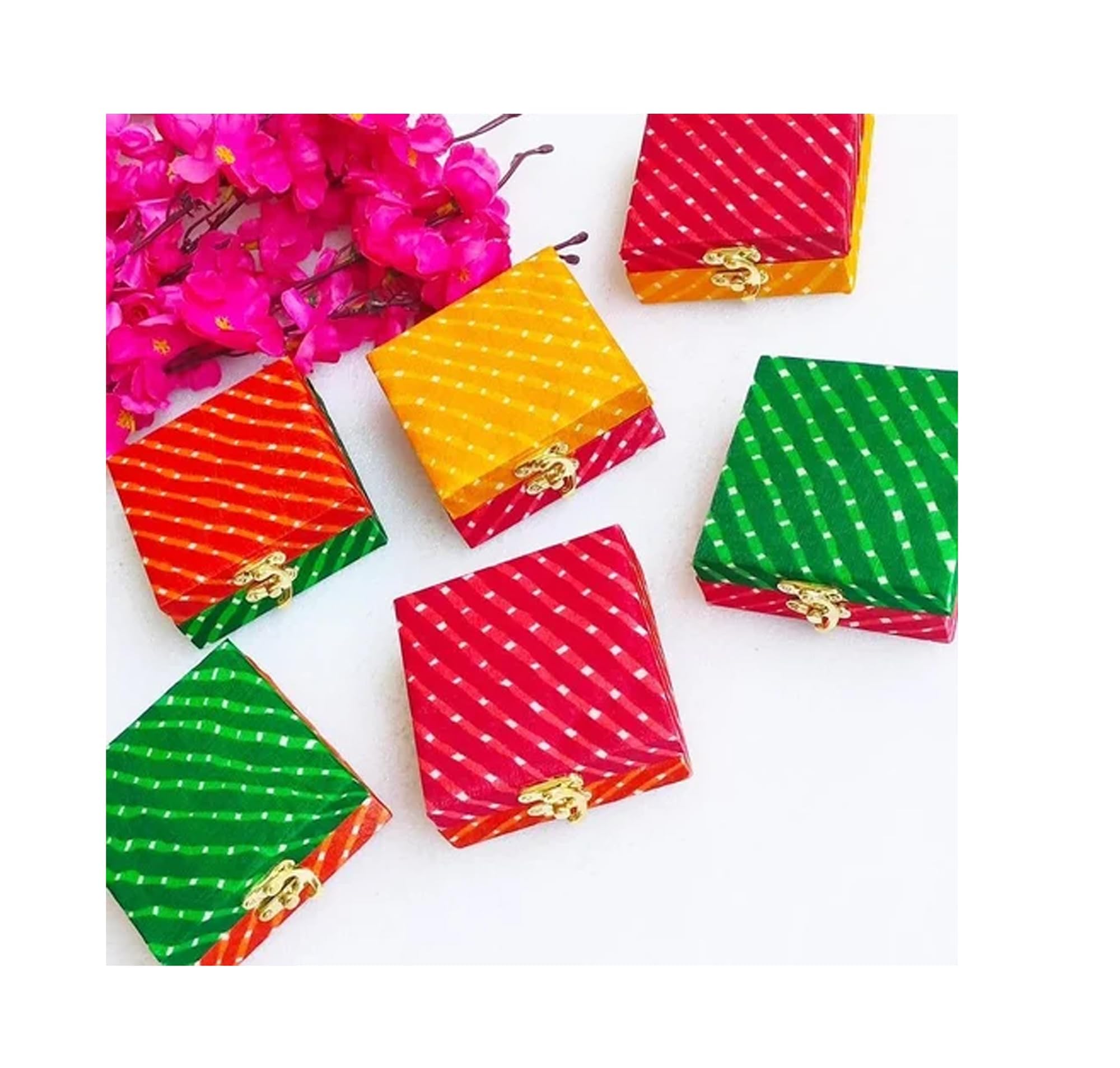 brown leaf ( Pack Of 8 Indian Box Wedding Favor, Housewarming Return Gifts, Sweet Box, Puja Favors, Gift For Guests, Mithai Box, Pooja Gifts (Lehriya Print)-picture-14