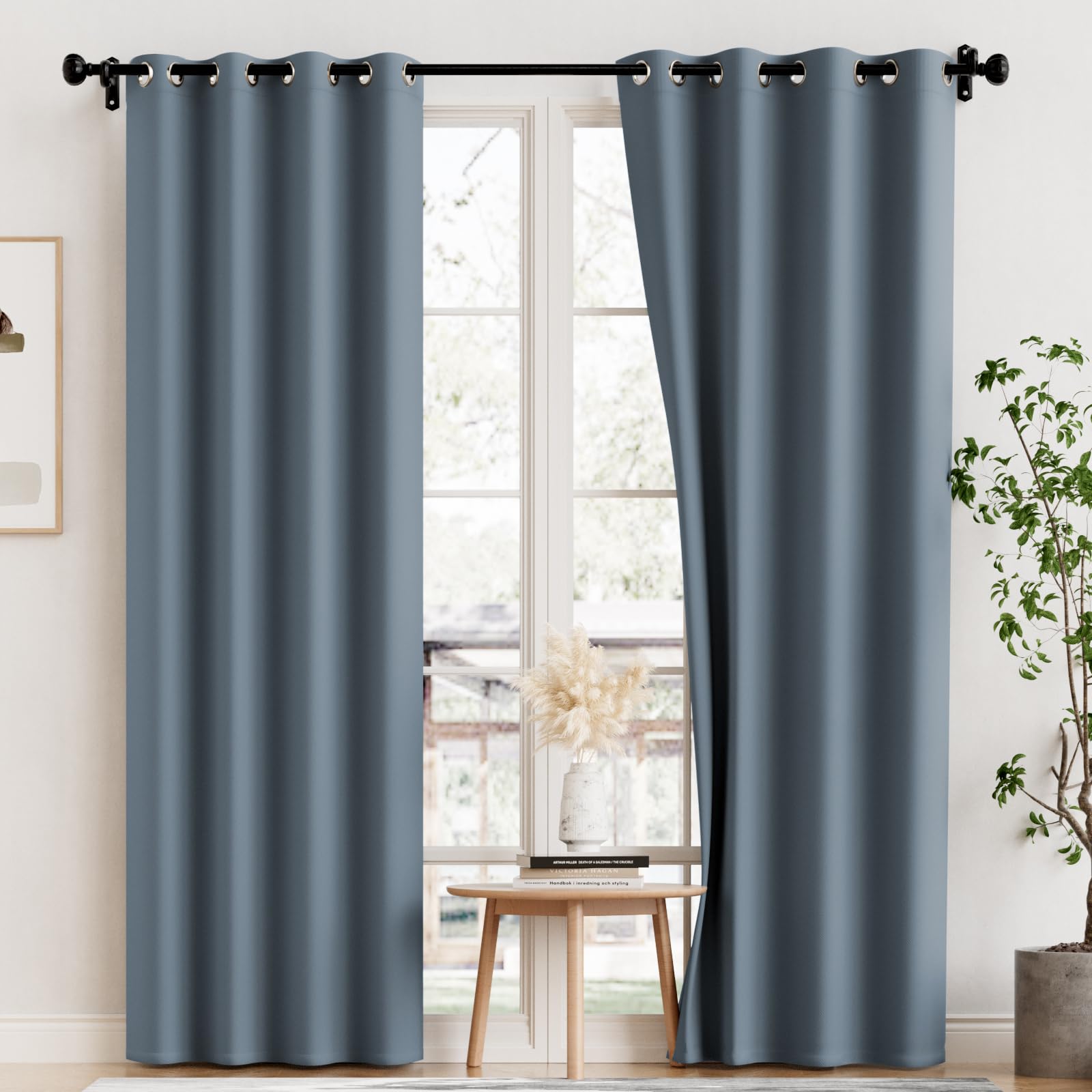 H.VERSAILTEX 100% Blackout Curtains for Bedroom Thermal Insulated Blackout Curtains 84 inch Length Heat and Full Light Blocking Curtains for Living Room with Black Liner 2 Panels Set, Stone Blue