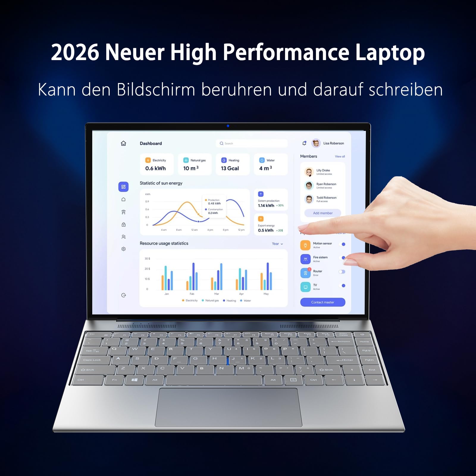 13,5-Zoll tragbarer Touchscreen-Laptop, (16 GB RAM, 512 GB SSD), 3K (3000×2000) IPS, Celeron N95-Prozessor mit bis zu 3,4 GHz, hintergrundbeleuchtete Tastatur, Fingerabdruckentriegelung, W11
