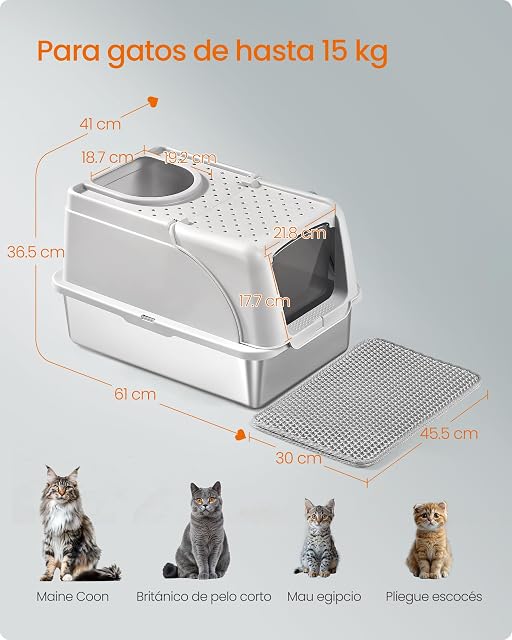 Foto 6 de 6 de Feandrea Arena Gato, Inoxidable para Gatos con Tapa Abatible, Gris Claro