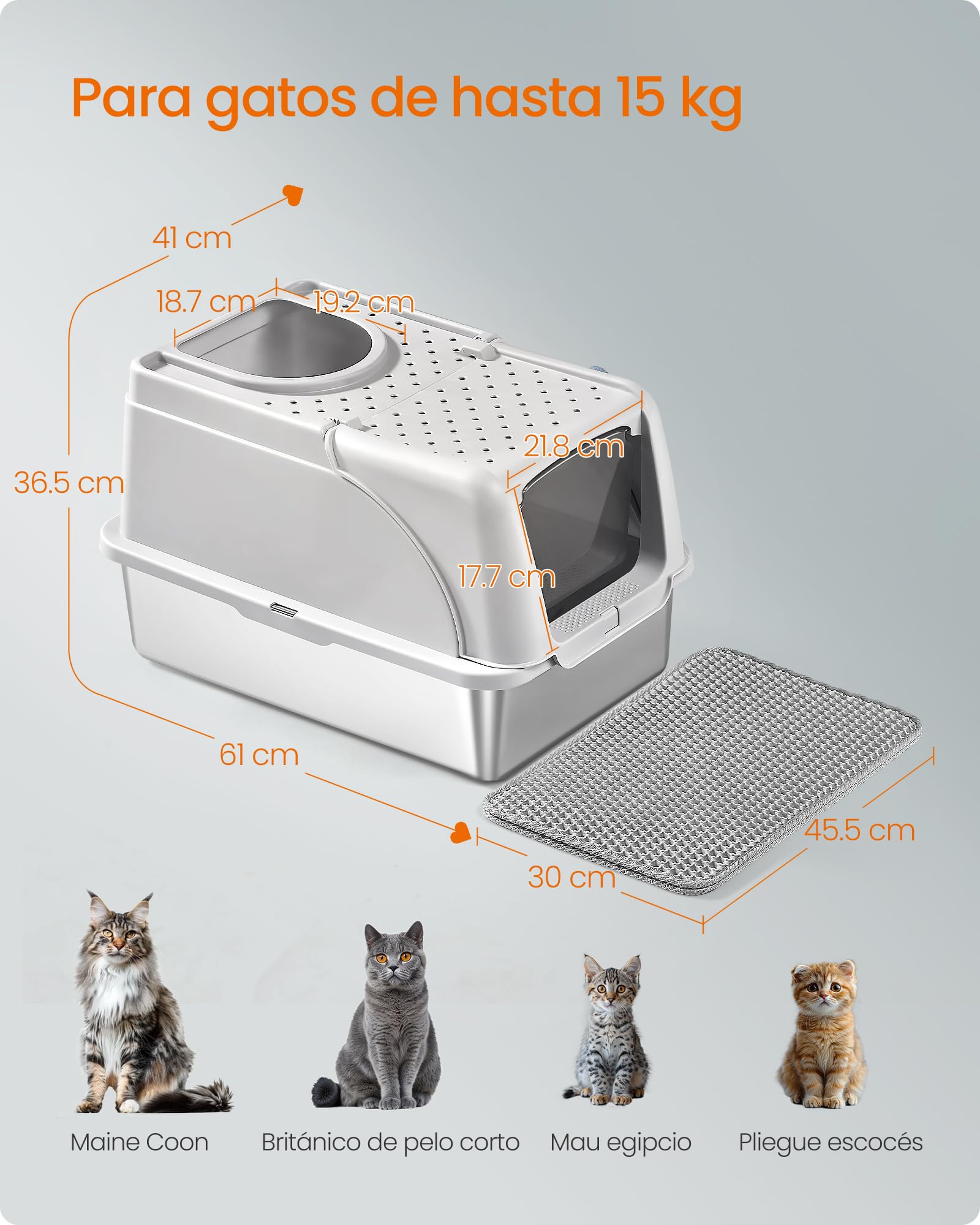 Feandrea Arenero para Gatos de Acero Inoxidable, Caja de Arena Cerrada con Tapa Abatible y Entrada Doble, Control de Olores, 61 x 40 x 36,5 cm, Gris, Colección Boxal PPT005G201