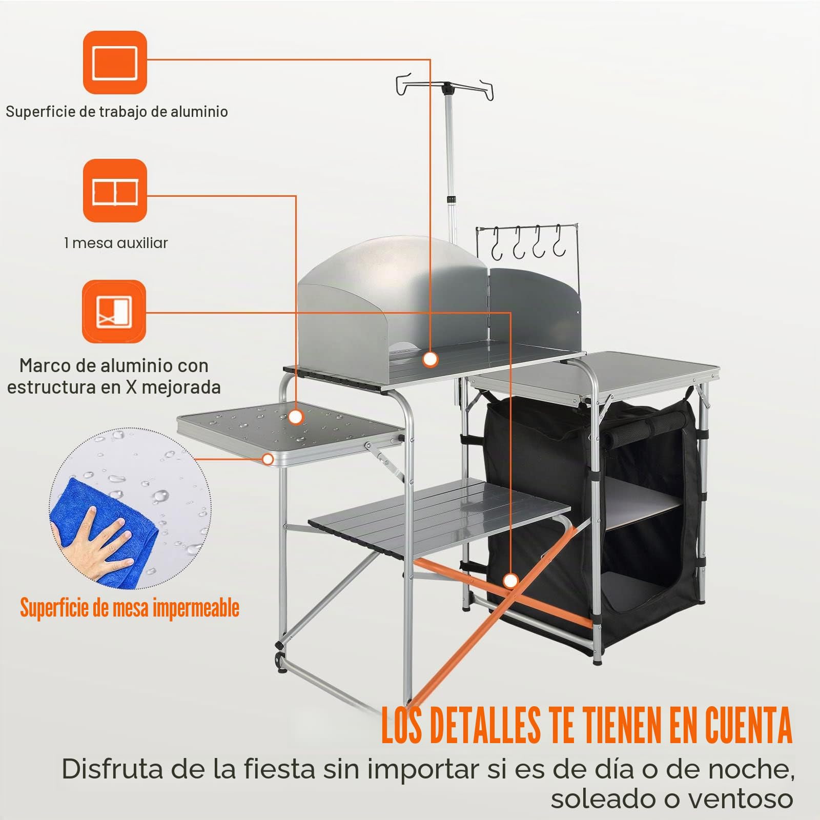 VEVOR Mesa de Cocina para Camping Plegable para Exteriores con Bolsa de Transporte, Estación de Cocina de Aluminio, 1 Armario y Parabrisas Desmontable, Montaje Rápido para Pícnics, Barbacoas, Negro