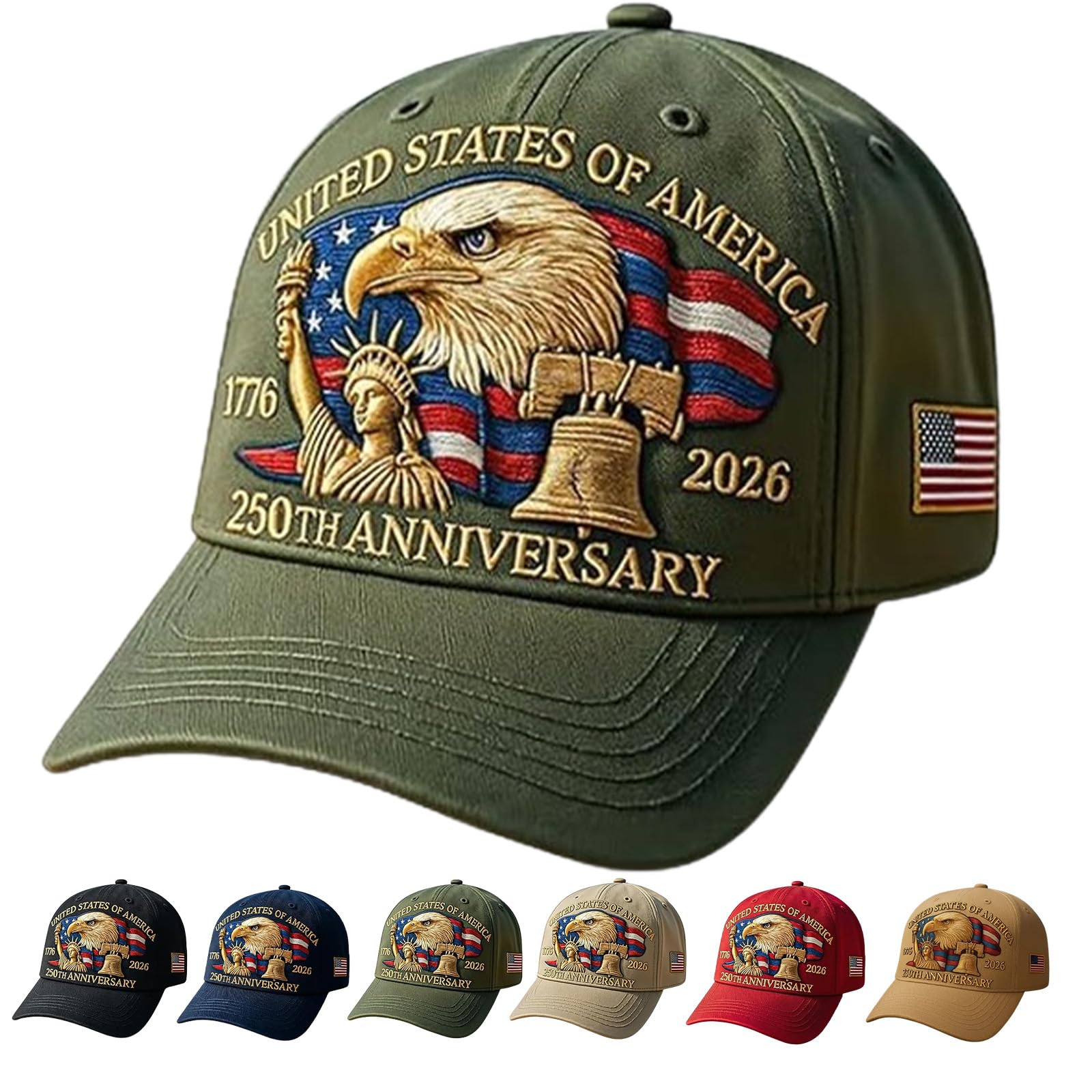 NNBWLMAEE Eagle & Liberty – United States 250th Anniversary Hat, Adjustable Bald Eagle Printed Patriotic Baseball Cap (Green)