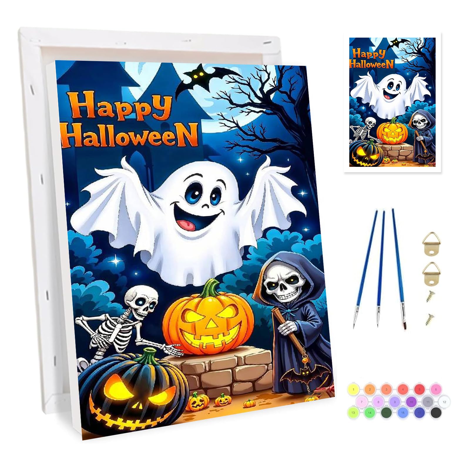 Bowetile Framed Ghost Paint by Numbers for Adults Canvas, Pumpkin Painting by Numbers Kit for Beginners Canvas, DIY Color Oil Painting Acrylic Paints for Home Wall Decor20x30cm