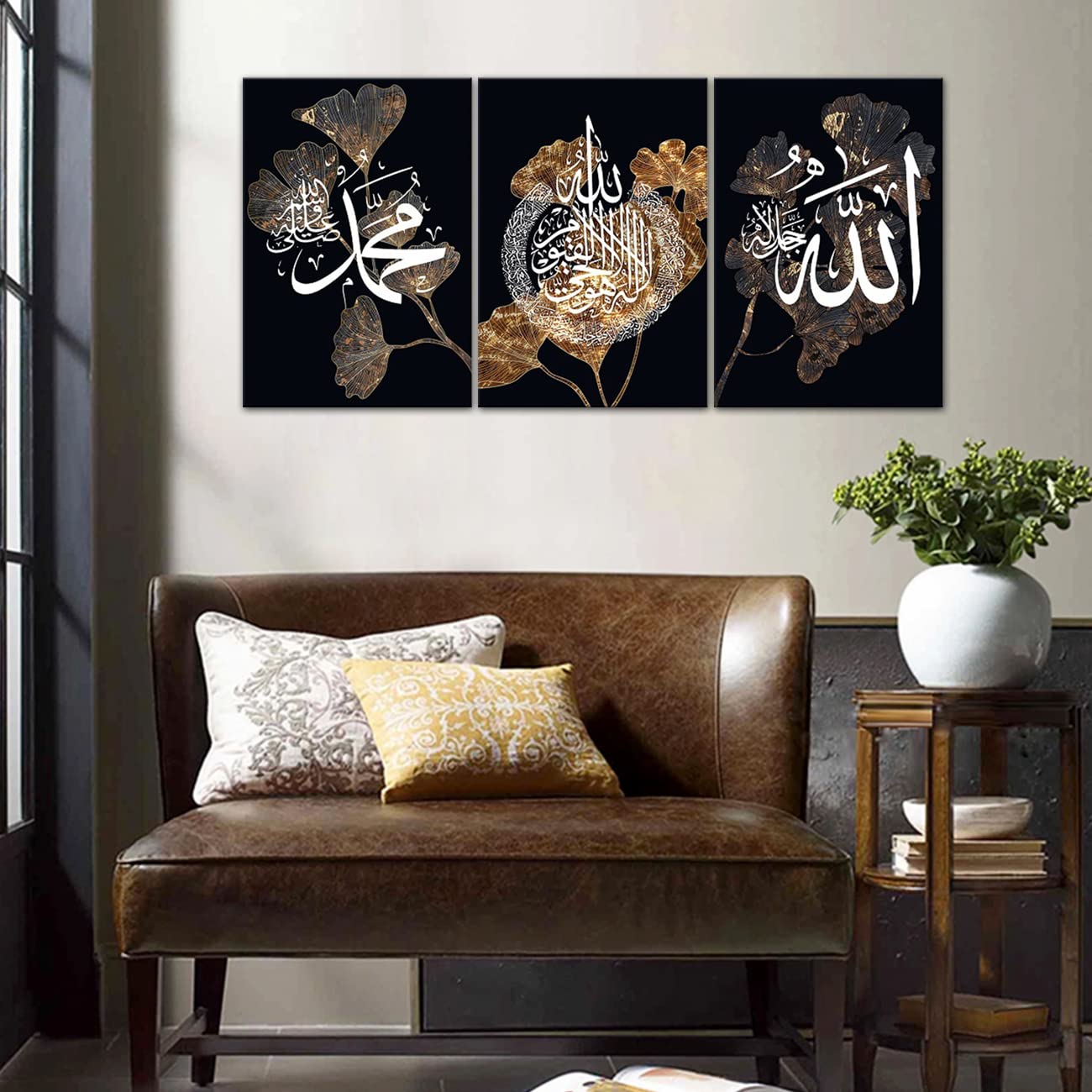 Quadro su Tela con Calligrafia Islamica Dorata di Allah, Arazzo Dorato, Stampa di Moschea per Ramadan, Arte Murale Islamica