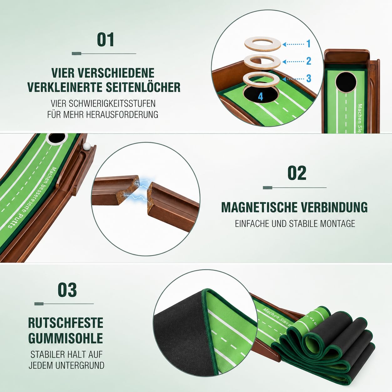 Putting Matte – Indoor Putting Green mit Ballrücklauf, Minigolf für Zuhause, Trainingshilfe für Golfspieler, kompakt & rutschfest, ideal für Heim & Büro Golftraining
