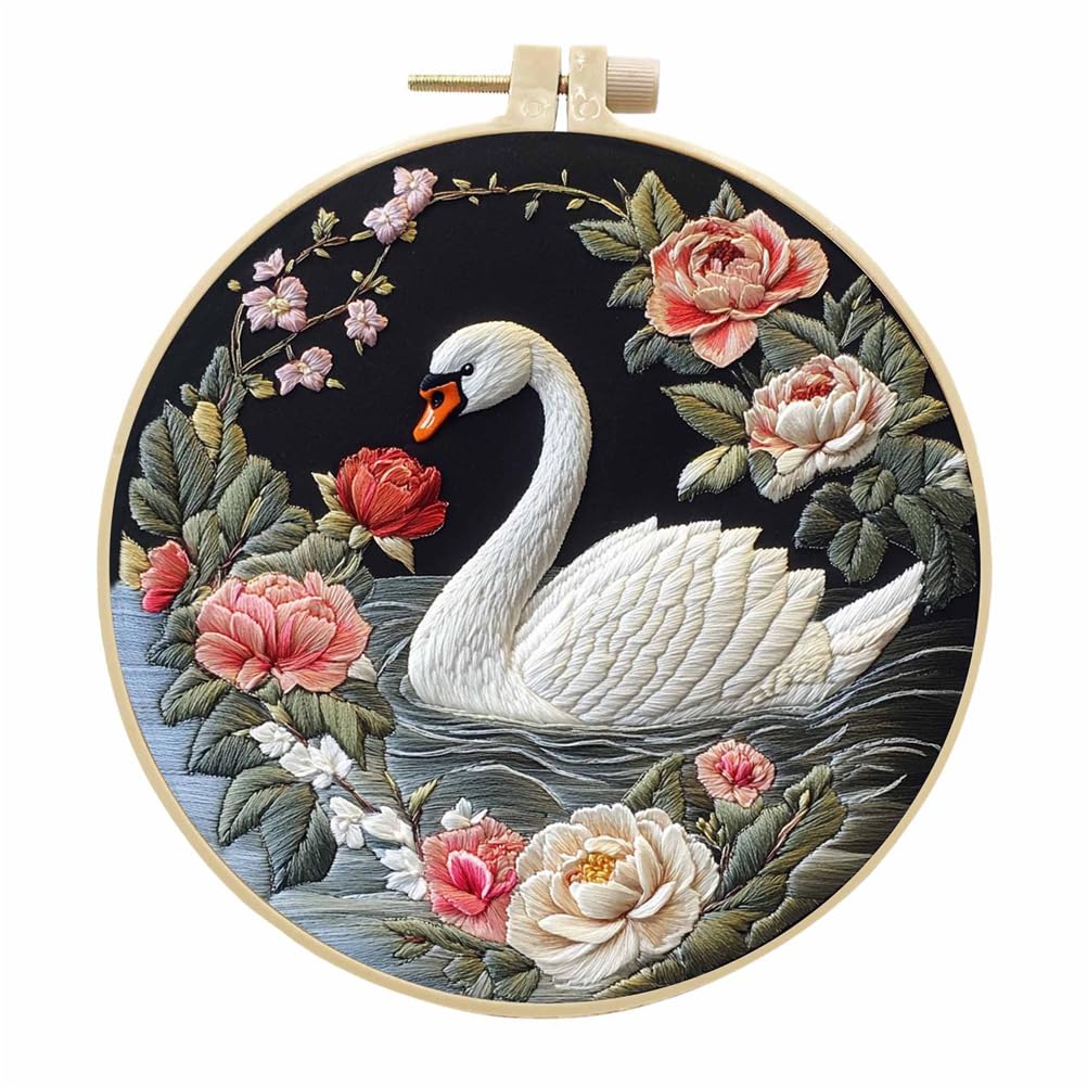Meecaa Embroidery Kit Starter Set, Swan Animal Flower Lake Hand Embroidery Set, Pattern Printed Cross Stitch Set for Beginner Adults, with Embroidery Hoop and Instructions (Swan 1)