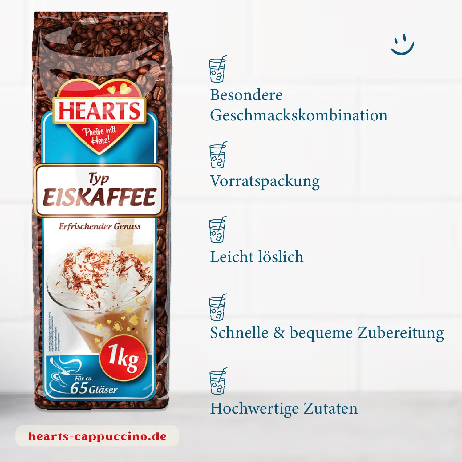 HEARTS kawa mrożona w proszku 20 x 1 kg, korzystne opakowanie idealne dla klientów biznesowych – zmielona kawa na lato, szybkie przygotowanie, Ice Coffee Frappe Art, letni napój z orzeźwiającą