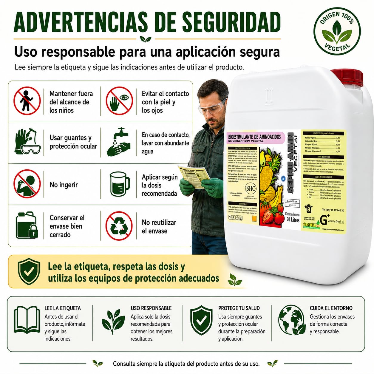 SEPHU Bioestimulante de Aminoácidos 100% Vegetal para tus plantas y cultivos potenciando su enraizamiento, 20 Litro, Certificado Agricultura Ecológica, Mejora Crecimiento y Resistencia
