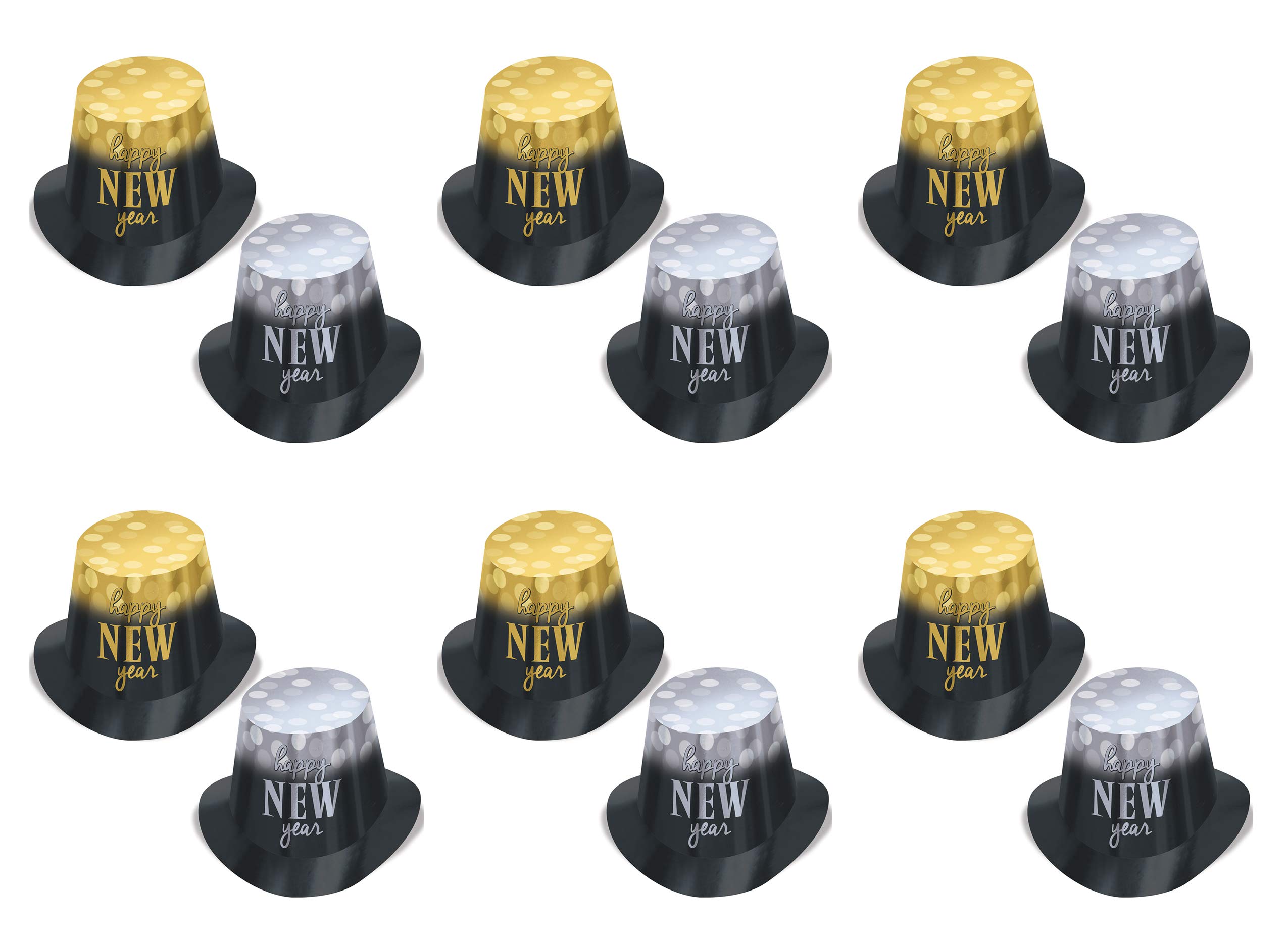 Beistle 12 Stück Durable Cardstock Paper Happy New Year Lights Top Hats Party Favors Supplies Photo Booth Props, One Size, Black/Gold/Silver